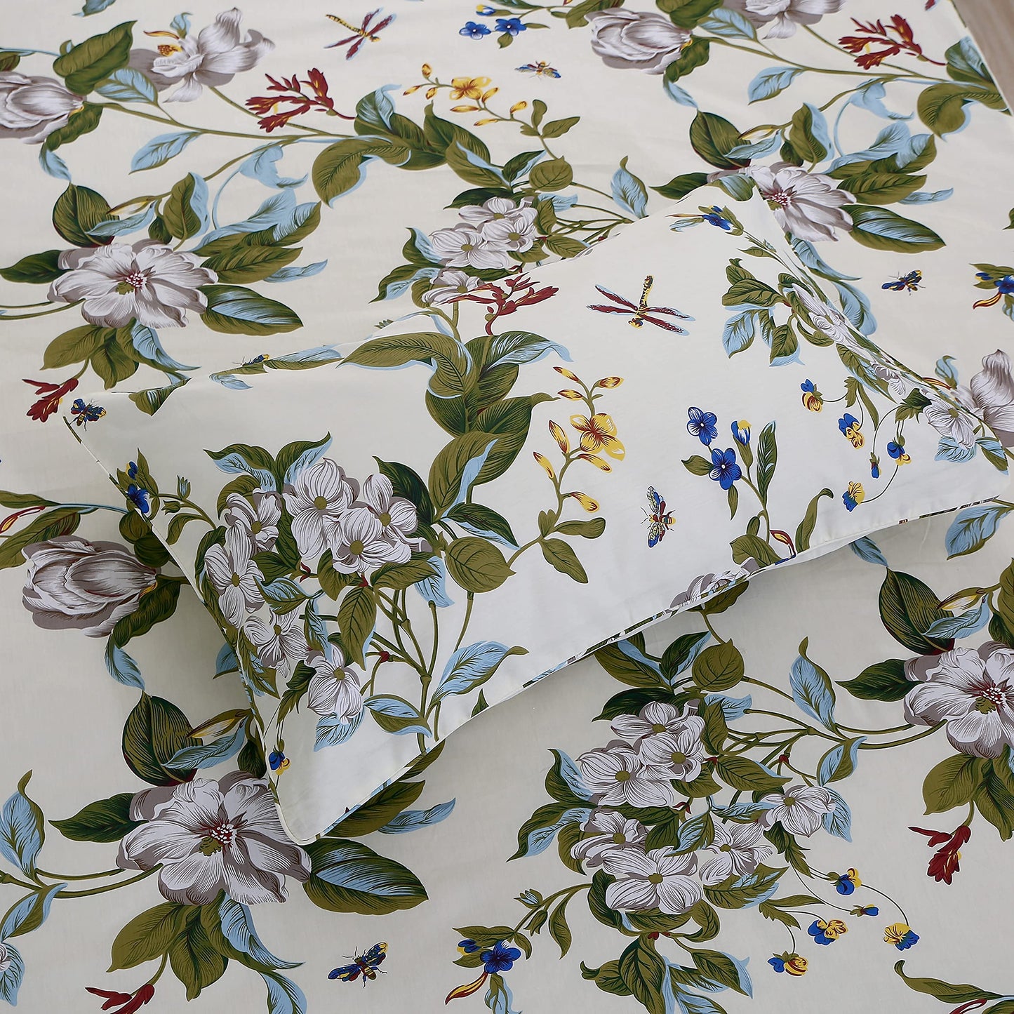 FADFAY Shabby Floral Sheets King 100% Cotton 600 TC White Flower and Green Leaves Bedding Vintage Garden Botanical Print Country Side Bed Sheet Soft Deep Pocket Sheet 17.5'',Beige