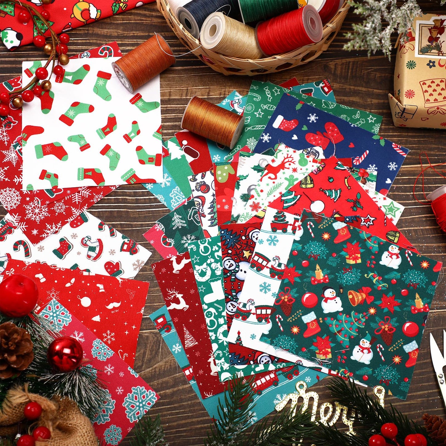 Preboun 300 Pcs 5 x 5 Inches Christmas Fabric Square Quilting Fabric Squares Bundle Sewing 25 Different Christmas Patterns Precut Polyester Patchwork for DIY Sewing Crafting Supplies