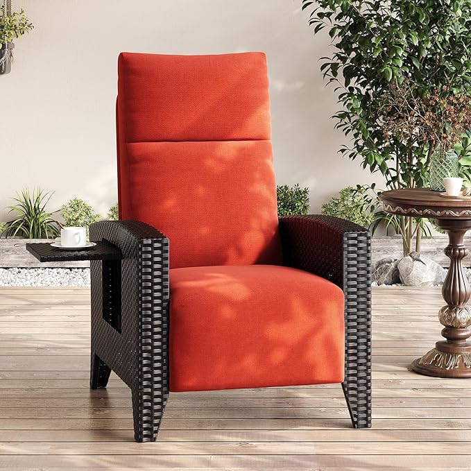 IDEALHOUSE Wicker Outdoor Recliner Reclining Patio Chairs with Adjustable Back & Footrest 150° Lay-Flat Reclining with Air Pump Rattan Flip-Up Side Table Outdoor Lounge Chairs for Pool Deck Balcony