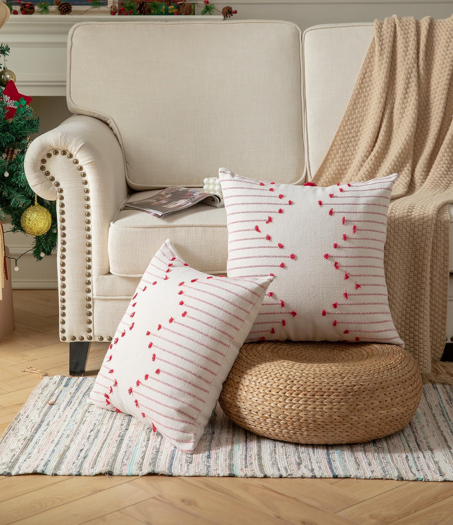 Caflife Boho Christmas Throw Pillow Covers 18x18 Set of 2, Christmas Decorations Pillow Covers Beige with Red Line for Modern Farmhouse Couch Sofa Bedroom Living Room Outdoor