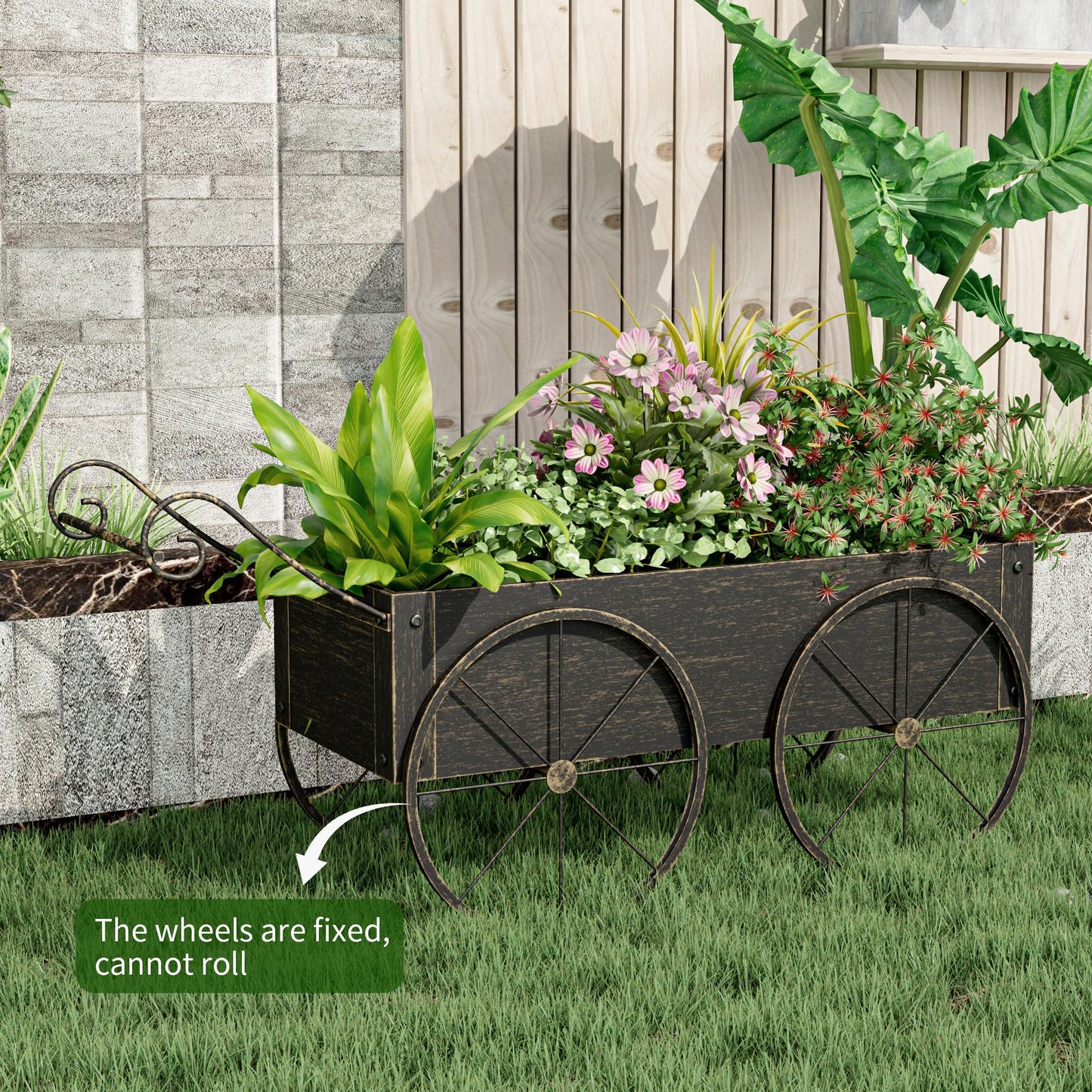 Athuiline Metal Raised Garden Bed with Wagon Wheels, Small Planter Raised Beds, Outdoor Planter Box for Flowers Herbs, Vegetables, Decorative Flower Cart for Patio, Balcony (Retro Gold)
