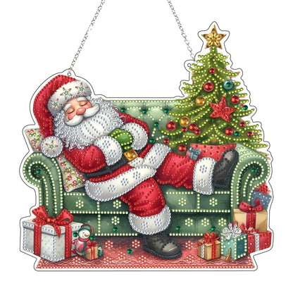 DIY Acrylic Diamond Art Painting Wreath Kits Special Shaped Rhinestone 5D Diamond Art Window Pendants Home Garden Wall Hanging Kits Hanging Ornament (Sleepy Santa Claus)