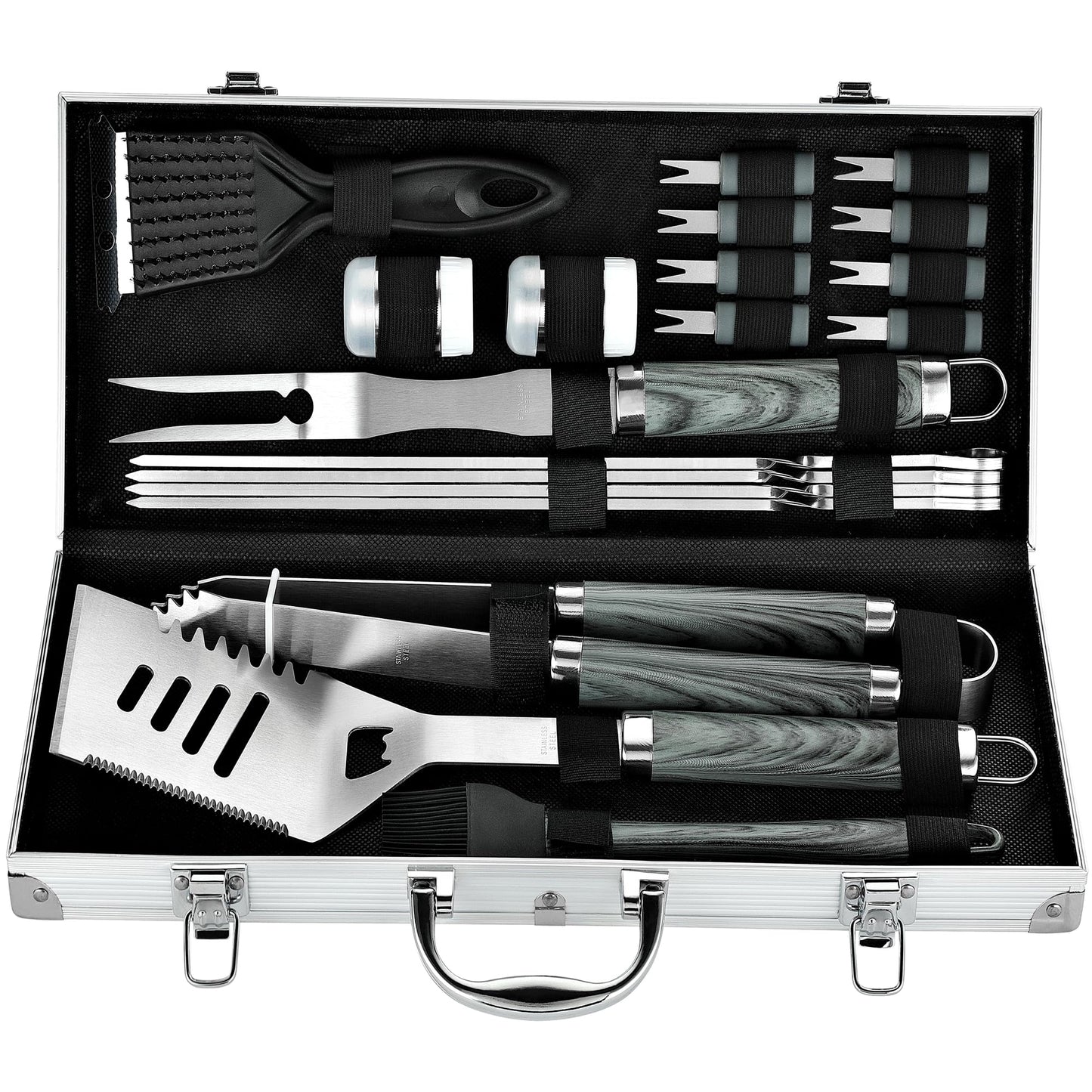 ROMANTICIST 20pc Heavy Duty BBQ Grill Tool Set in Case - The Very Best Grill Gift for Father's Day and Christmas - Professional BBQ Accessories Set for Outdoor Cooking Camping Grilling Smoking, Grey