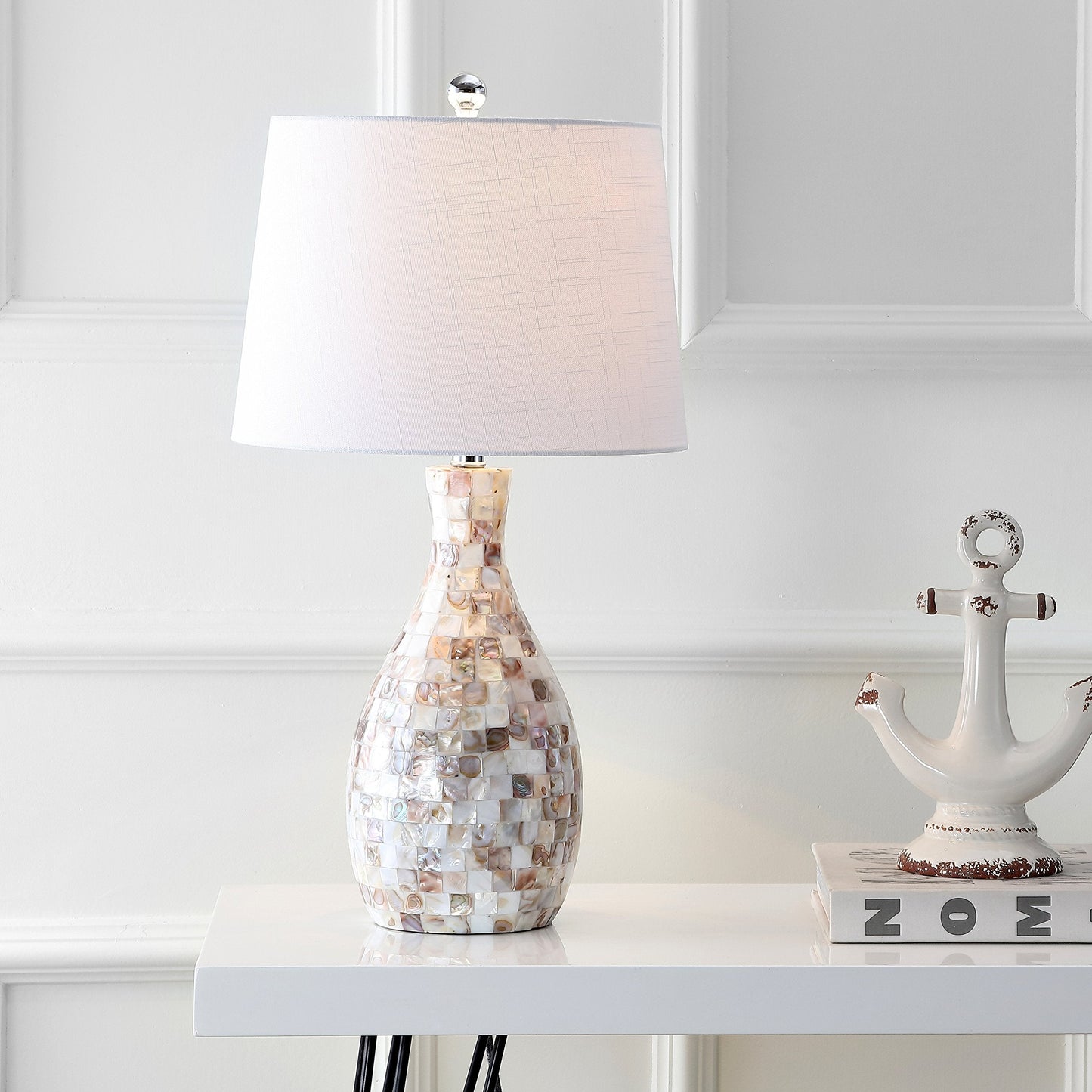 JONATHAN Y 26.5" Ivory Beige Mosaic Seashell LED Table Lamp for Living Room Bedroom Nightstand, Coastal Capiz Shell Base with White Linen Drum Shade, LED Bulb Included JYL1054A