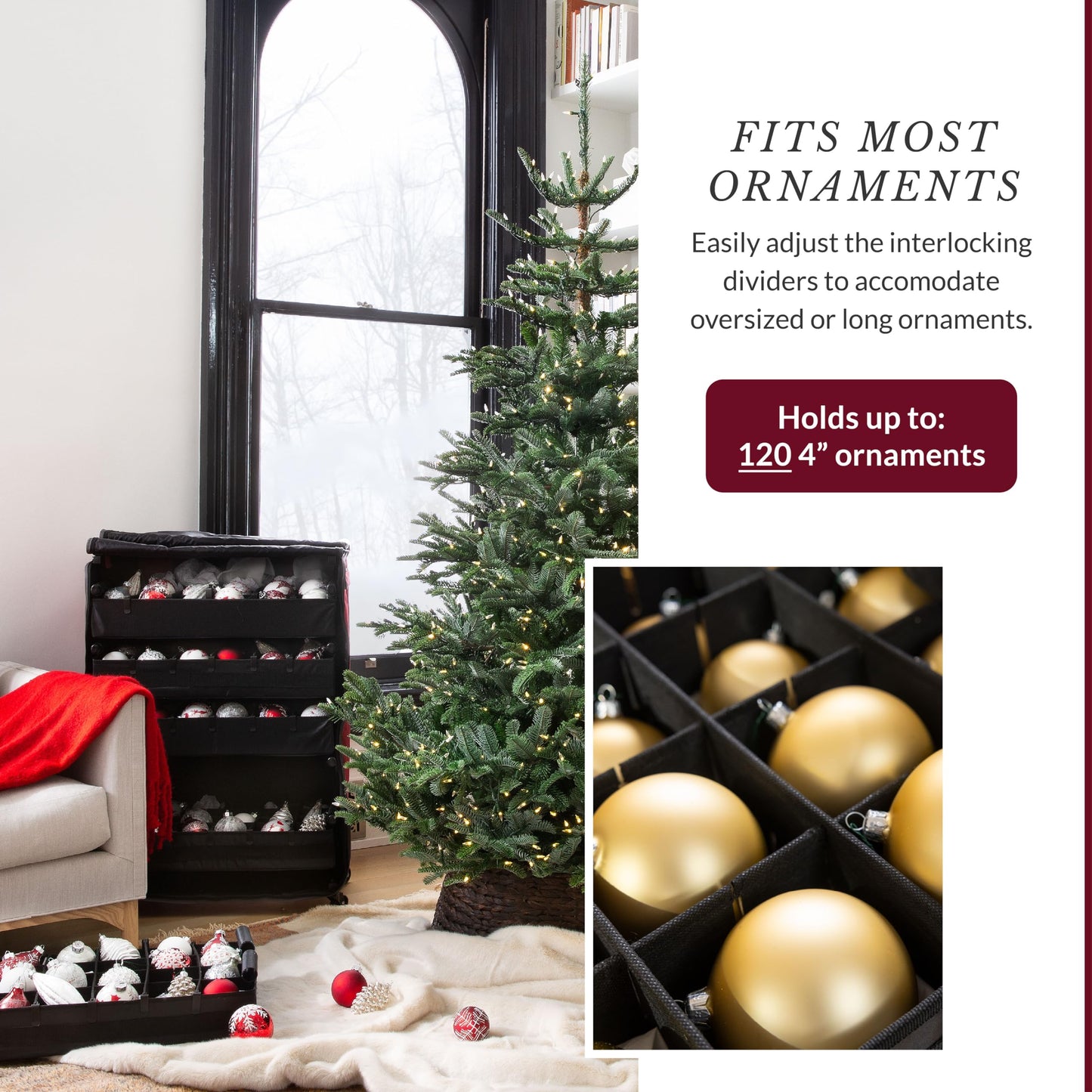 Balsam Hill Deluxe Rolling Ornament Chest - 120pc Christmas Decoration Storage with Dividers & Trays