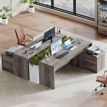 Homiflex Mid-Century Modern 78" L-Shaped Executive Desk with Independent Mobile File Cabinet, Large Home Office Desk with Drawers and 4 AC + 2 USB Power Outlets, Waterfall Edge Design, Grey Oak