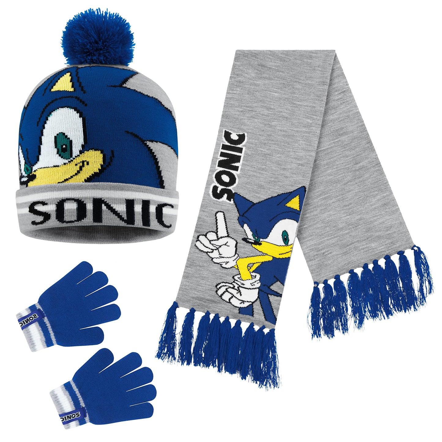 SONIC THE HEDGEHOG Beanie Hat Scarf and Gloves Set for Boys (4-15 Years, Blue/Grey Sonic 3 Pcs)