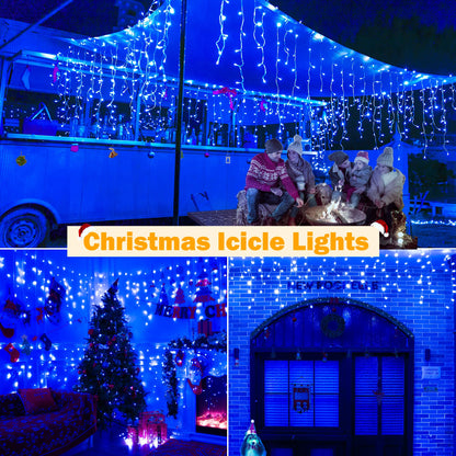 Ollny Icicle Lights for Outside 720LED 60FT, Blue Christmas Lights with Remote 8 Modes Dimmable, Waterproof Connectable Timer Hanging Light for House Outdoor Yard Indoor Decorations
