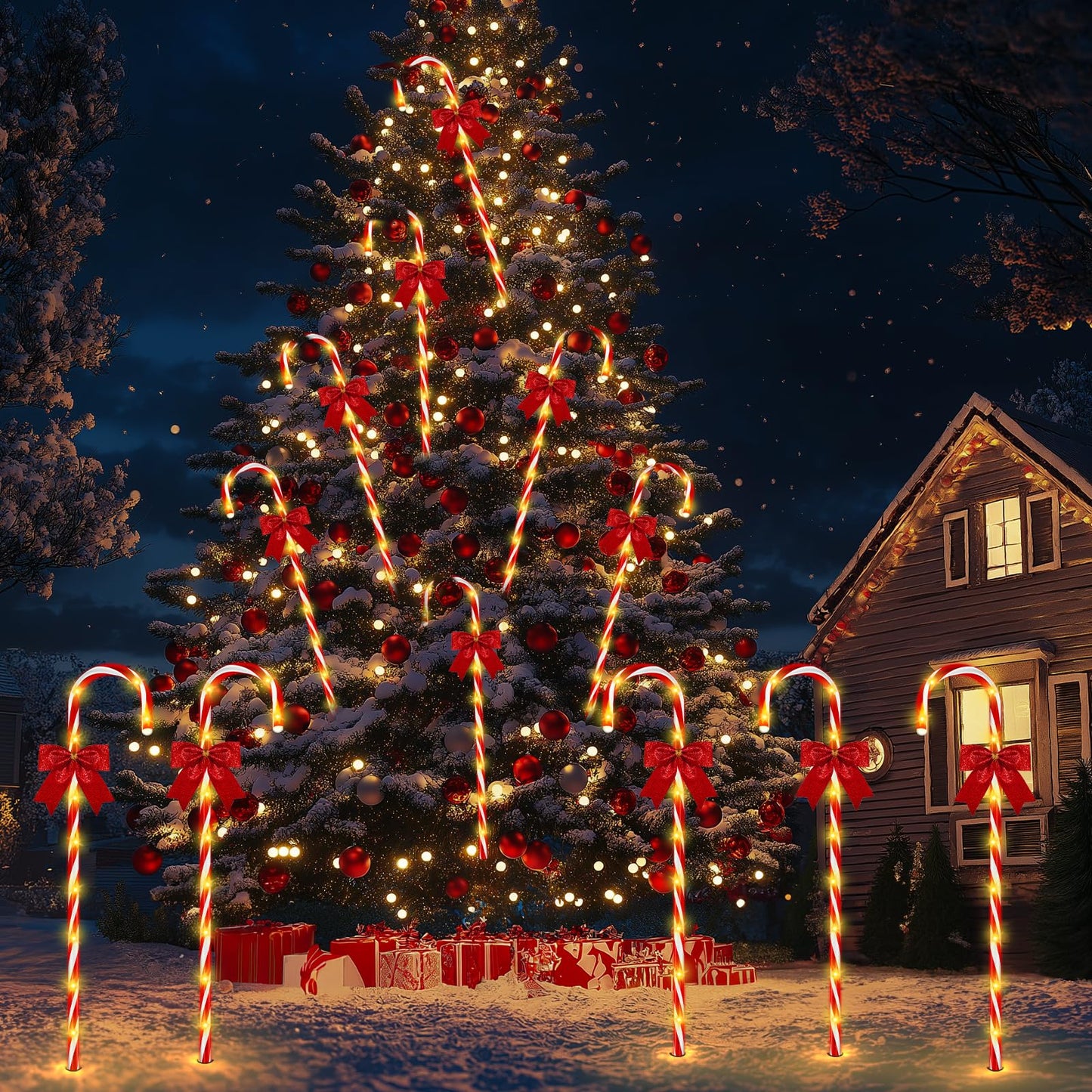 Christmas Candy Cane Pathway Lights, 24PCS 240 LED Christmas Lights Outdoor Decorations with Red Bow Waterproof, 8 Modes Timer Remote Walkway for Xmas Home Yard Lawn Patio Decor