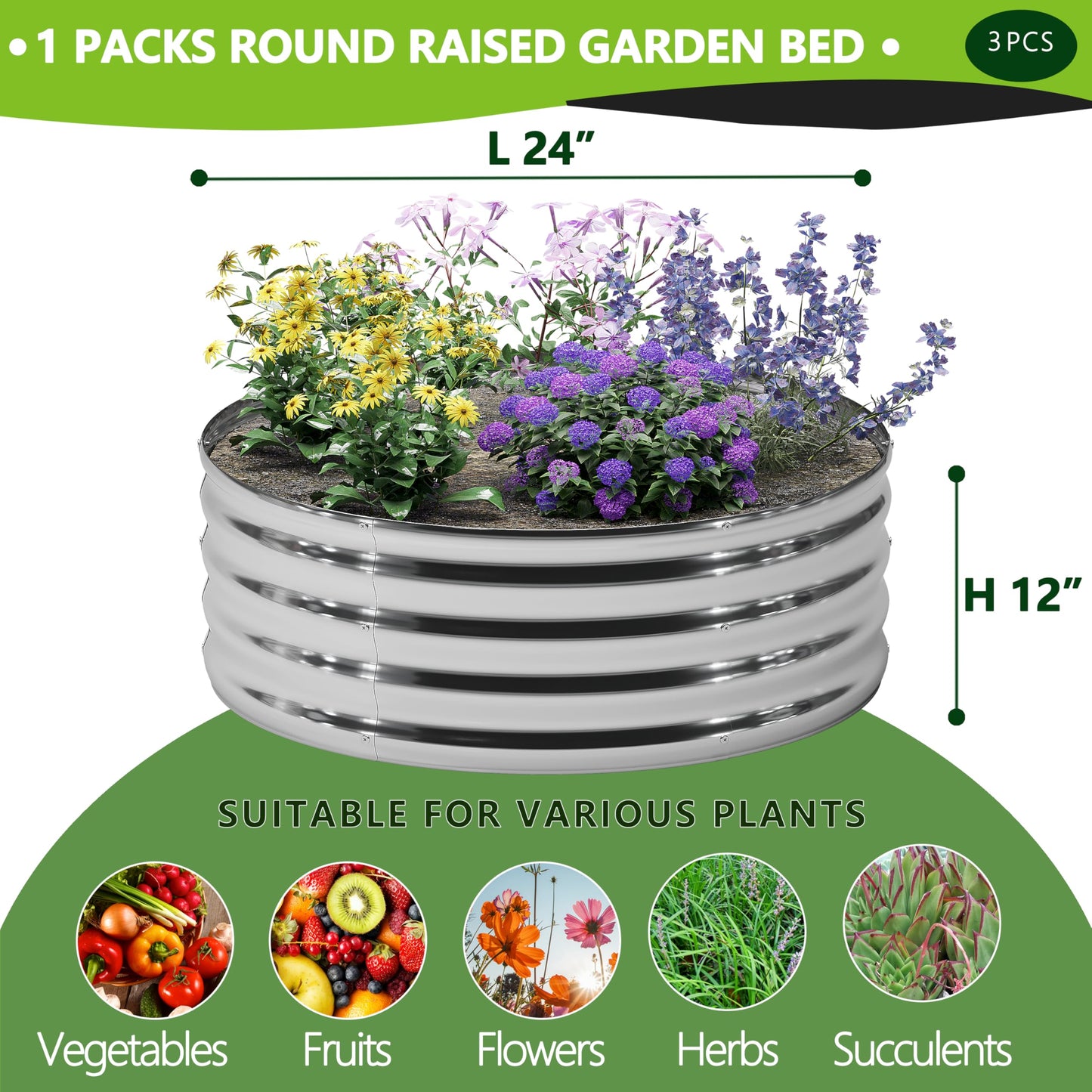 DIIYIV 3Pack 2x2x1ft Galvanized Raised Garden Bed, Planter Raised Garden Beds Outdoor, Round Clearance Raised Garden Beds for Gardening Vegetables