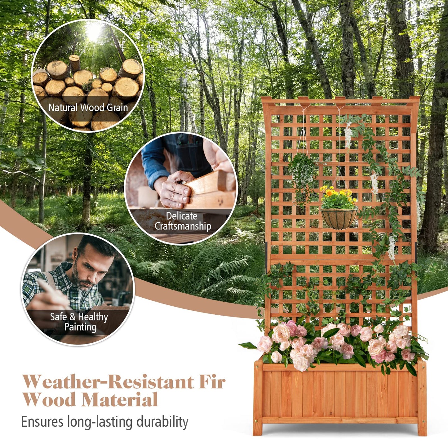S AFSTAR Raised Garden Bed with Trellis, Wood Elevated Planter Box with Hanging Roof & Climbing Trellis, 4 Drainage Holes, 72.5" Tall Freestanding Planter Container for Vine Climbing Plants Flowers