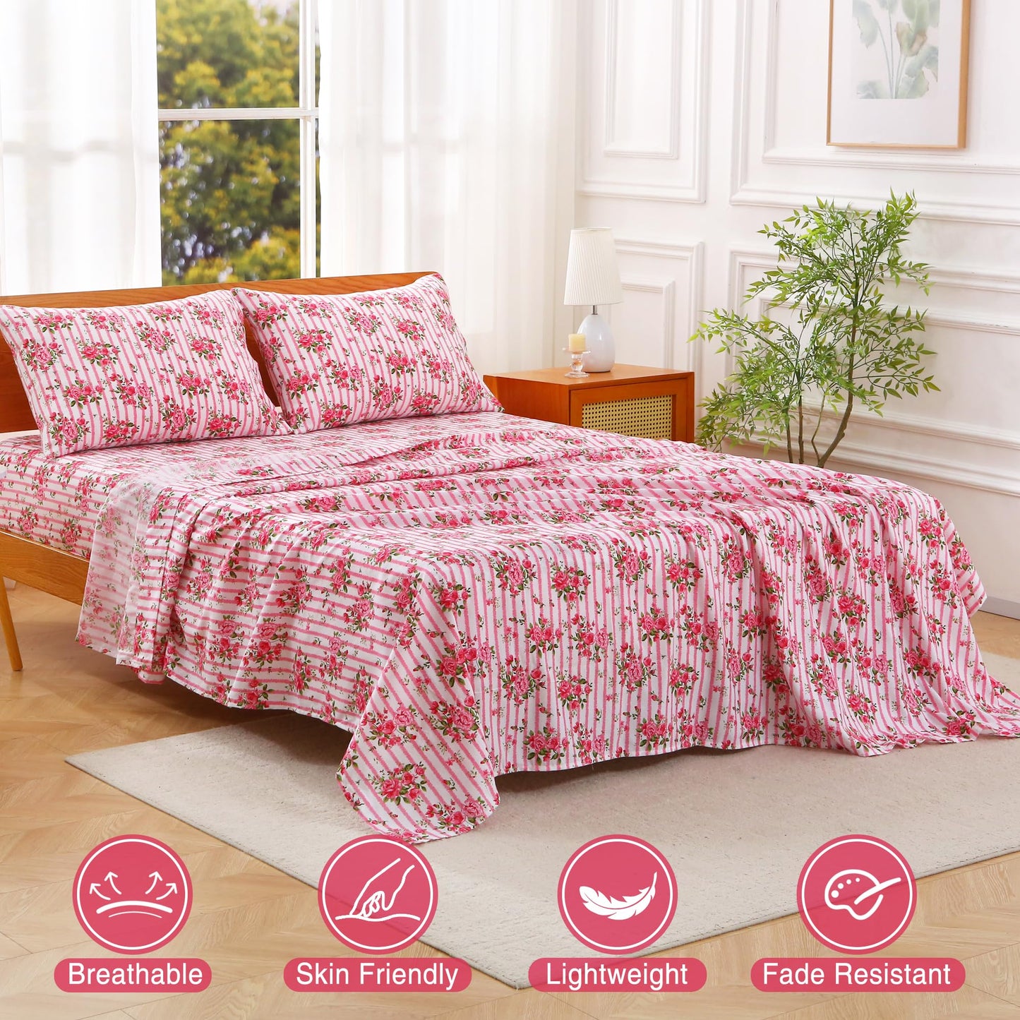 Viviland Queen Bed Sheet Set - 4 Piece Double Brushed Microfiber Bedding - Deep Pocket Up to 15", Ultra Soft, Breathable & Wrinkle Resistant Skin-Friendly Cooling Sheets for Adult - Heritage Rose(Q)