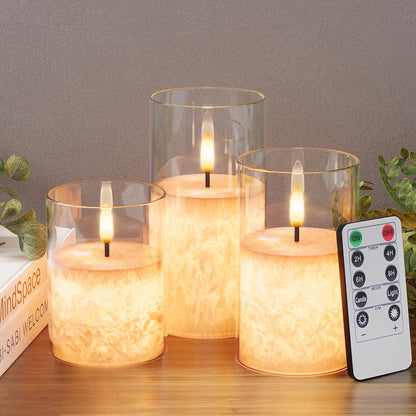 VIODAIM Ice Crystal Real Wax Glass Flameless Candles with Remote & Timer, Battery Operated Candles with Warm Flickering Flame, Realistic LED Candle for Wedding Home Decor [D3×H4/5"/6"] Clear, 3Pack