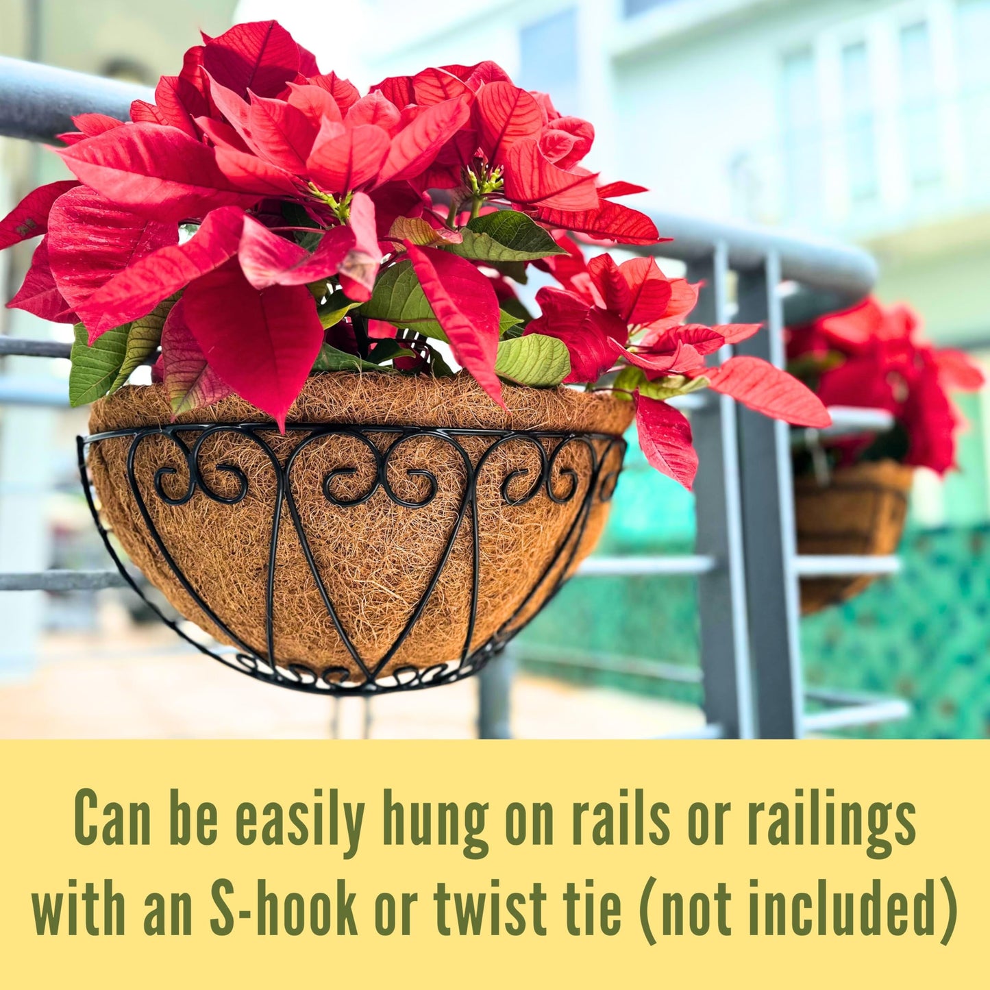 LaLaGreen Outdoor Wall Planters (2 Pack, 14 Inch) Black Metal Wall Mounted Hanging Basket with Coco Liner, Semi-Circle Flower Pot Plant Holder for Fence Railing Deck Porch Balcony French Garden Decor