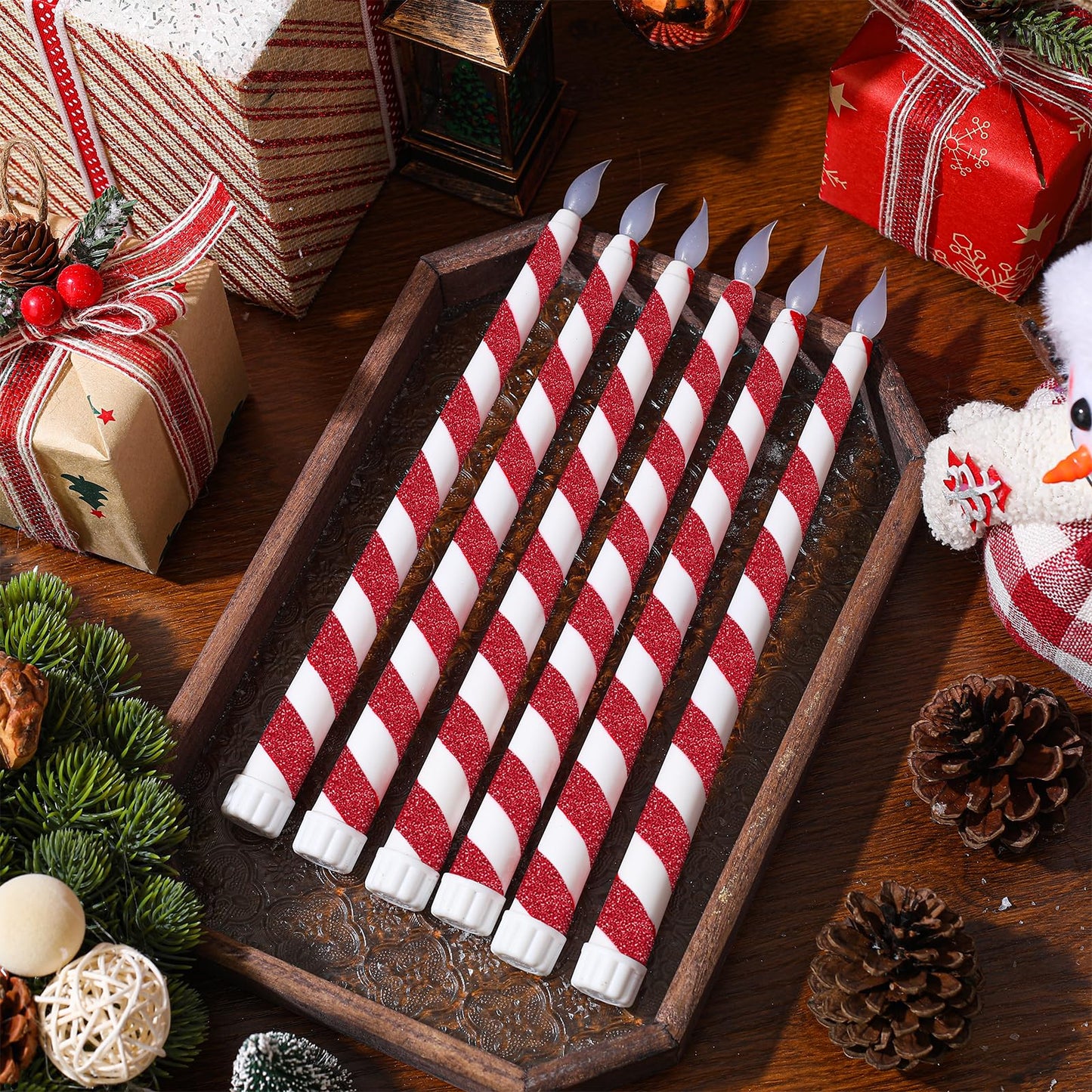 LCZLUMIPRO 6PCS Christmas Flameless Taper Candles - Candy Cane Red and White Stripes Flickering Battery Operated LED Candles for Xmas Centerpiece Holiday Party, Wedding, Winter Home Decoration