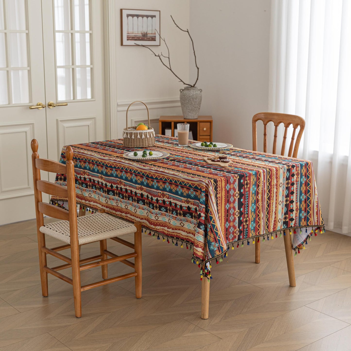 Erbnaryx Handblock Print Tablecloth for Square Tables, Red Table Cover with Fringed Edges, Decorative Tablecloth for Kitchen and Dining Room,59"x 102"