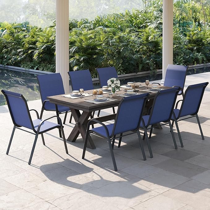 Patio Dining Chairs Set of 8, Outdoor High Stacking Chairs，Breathable Seat Fabric and Alloy Steel Frame for Backyard, Porch, Garden, Sunroom (Blue)