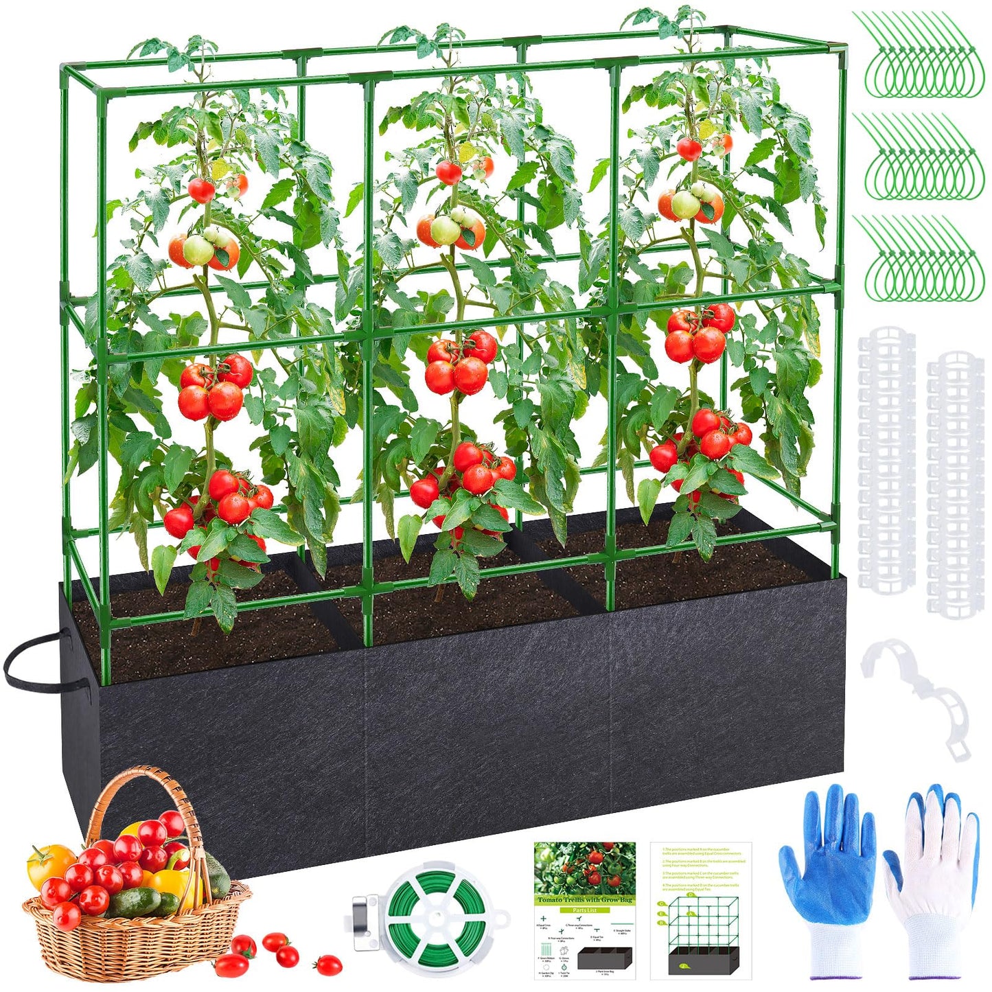51x17x49 Inch Garden Tomato Cages with 46 Gallon Grow Bags, Square Plant Support Trellis Assembled with Planter Bags, Garden Cucumber Vegetables Frames for Vertical Climbing Plants