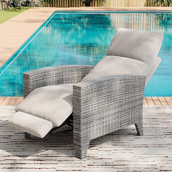 IDEALHOUSE Wicker Outdoor Recliner Reclining Patio Chairs with Adjustable Back & Footrest 150° Lay-Flat Reclining with Air Pump Rattan Flip-Up Side Table Outdoor Lounge Chairs for Pool Deck Balcony