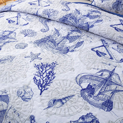 DJY Blue Quilt Set King Nautical Beach Quilt Coverlet Set Coastal Seahorse Bedspread with 2 Pillow Shams Lightweight Coastal Bedding Quilt Set for Adults Teens Kids (3 Pieces, 90"x104")