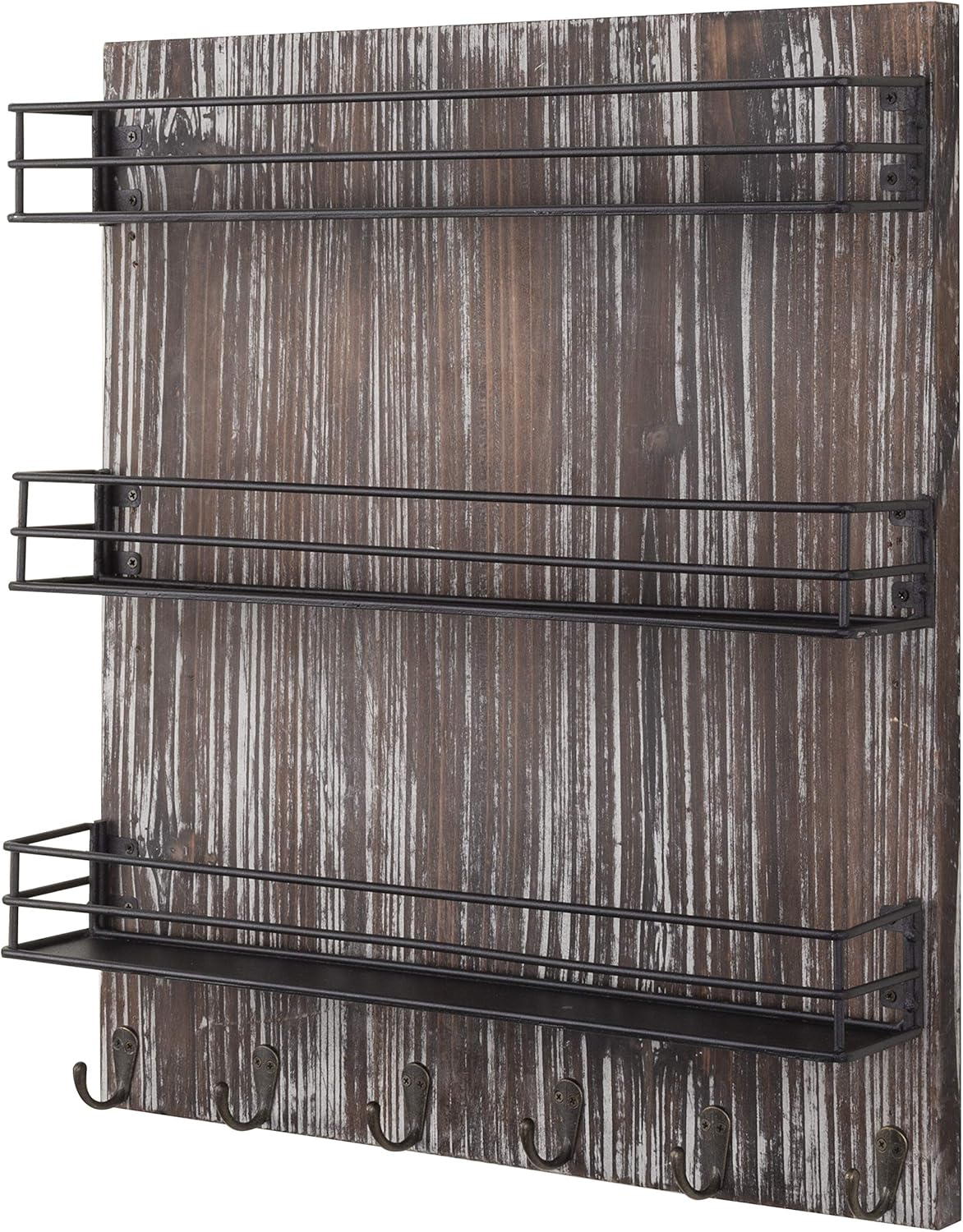 MyGift 3 Tier Black Metal Wire Kitchen Spice Rack Organizer with Torched Wood Wall Mount and 6 Hooks, Seasoning Jars and Hanging Cooking Utensil Rack