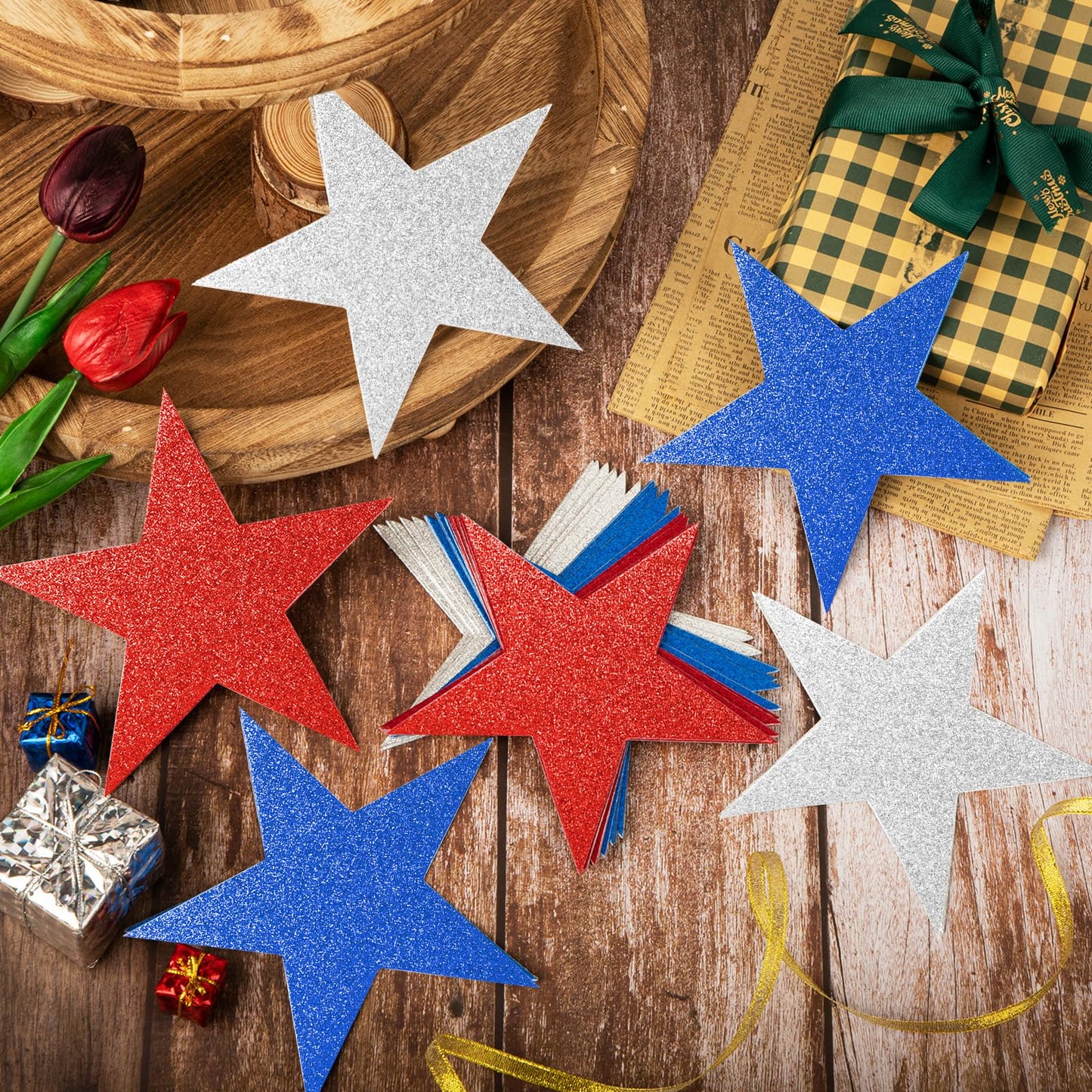 60 Pcs Patriotic Star Cutouts Double Printed Paper Star Confetti Cutouts for 4th of July Decoration Bulletin Board Classroom Wall Decoration,6 Inches (Red, Blue, Silver)