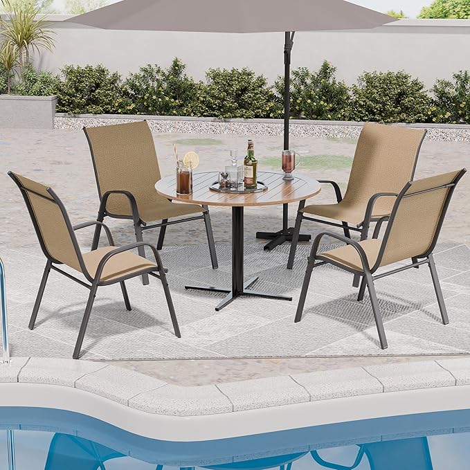 Patio Chairs Set of 4, Outdoor Dining Chairs Stackable for All Weather, Breathable Metal Modern Outside Furniture Chair for Pool Side, Garden, Backyard Deck, Brown