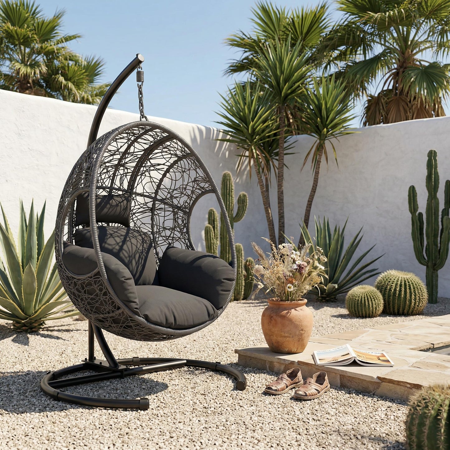 KEIKI Hanging Egg Chair with Stand Outdoor, 400LBS Capacity Patio Swing Chair with Cushion, Weatherproof PE Rattan Hammock Chair for Bedroom Balcony Garden, Waterproof Cover Included, Grey