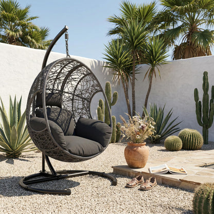 KEIKI Hanging Egg Chair with Stand Outdoor, 400LBS Capacity Patio Swing Chair with Cushion, Weatherproof PE Rattan Hammock Chair for Bedroom Balcony Garden, Waterproof Cover Included, Grey