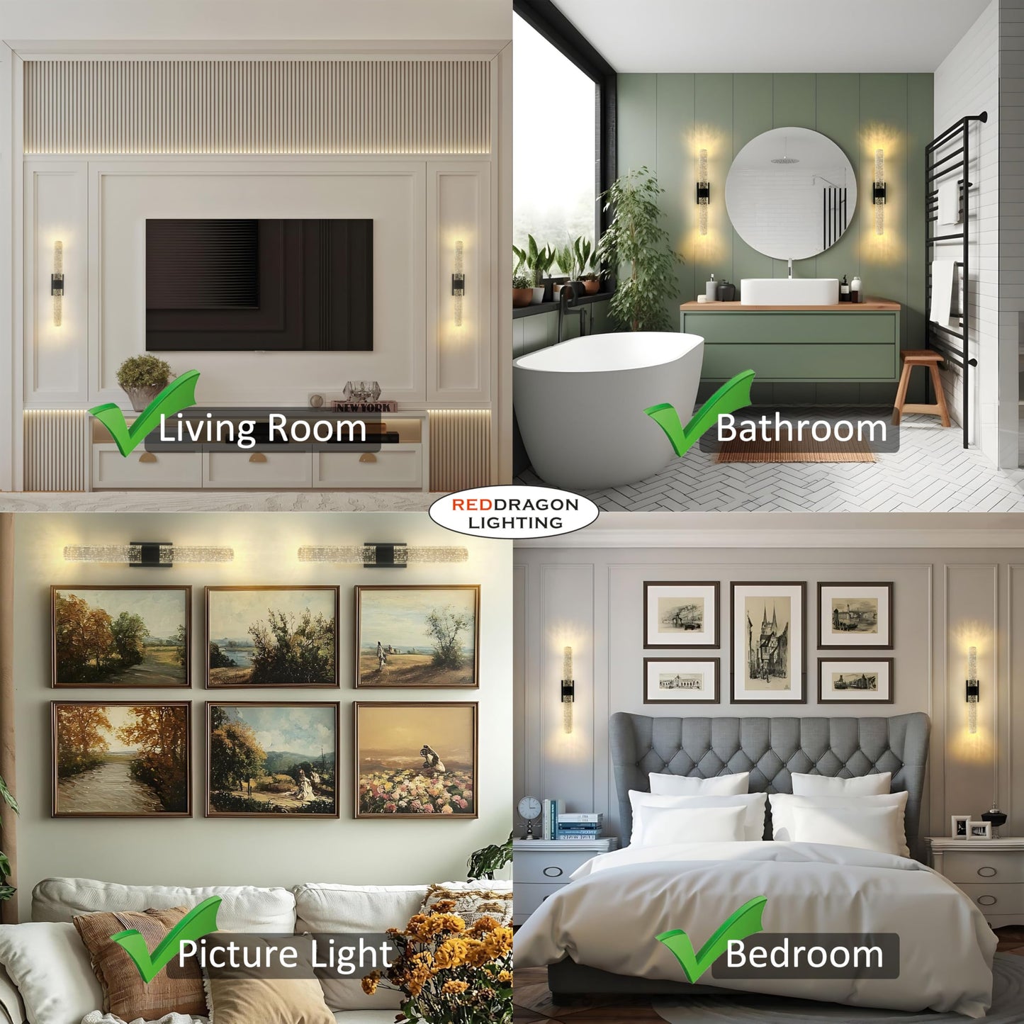 Battery Operated Crystal Wall Lights Rechargeable Set of 2 with Remote | Narrow Base Wireless Bubble Crystal Rod Wall Sconces Vanity Lights for Bathroom Bedroom Living Room (2 Pack, Black, 15.5'')