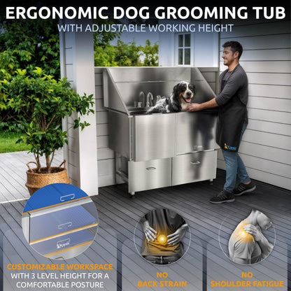 KANIS Professional Dog Washing Station 304 Stainless Steel Pet Wash Sink & Grooming Bathtub w/Shower, Floor Grates and Storage for Large, Medium & Small Pets (Silver, 50 Inches, Left Ramp, 2 Drawers)