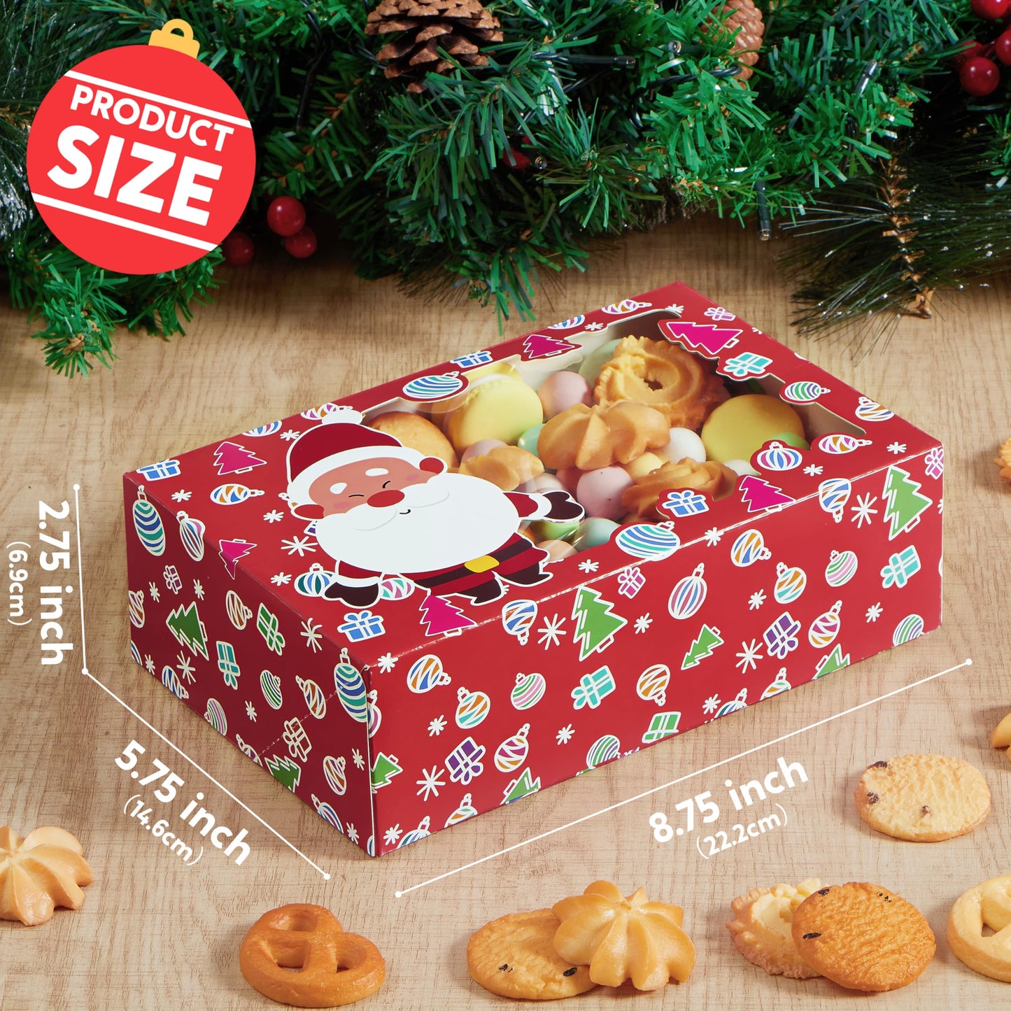 JOYIN 24 PCS Christmas Foil Treats Cookie Gift Boxes (8.75" x 5.75" x 2.75") Colorful Pattern Bakery Box with Window for Xmas Holiday Birthday Party Pastries, Cupcakes, Brownies, Donuts Gift-Giving