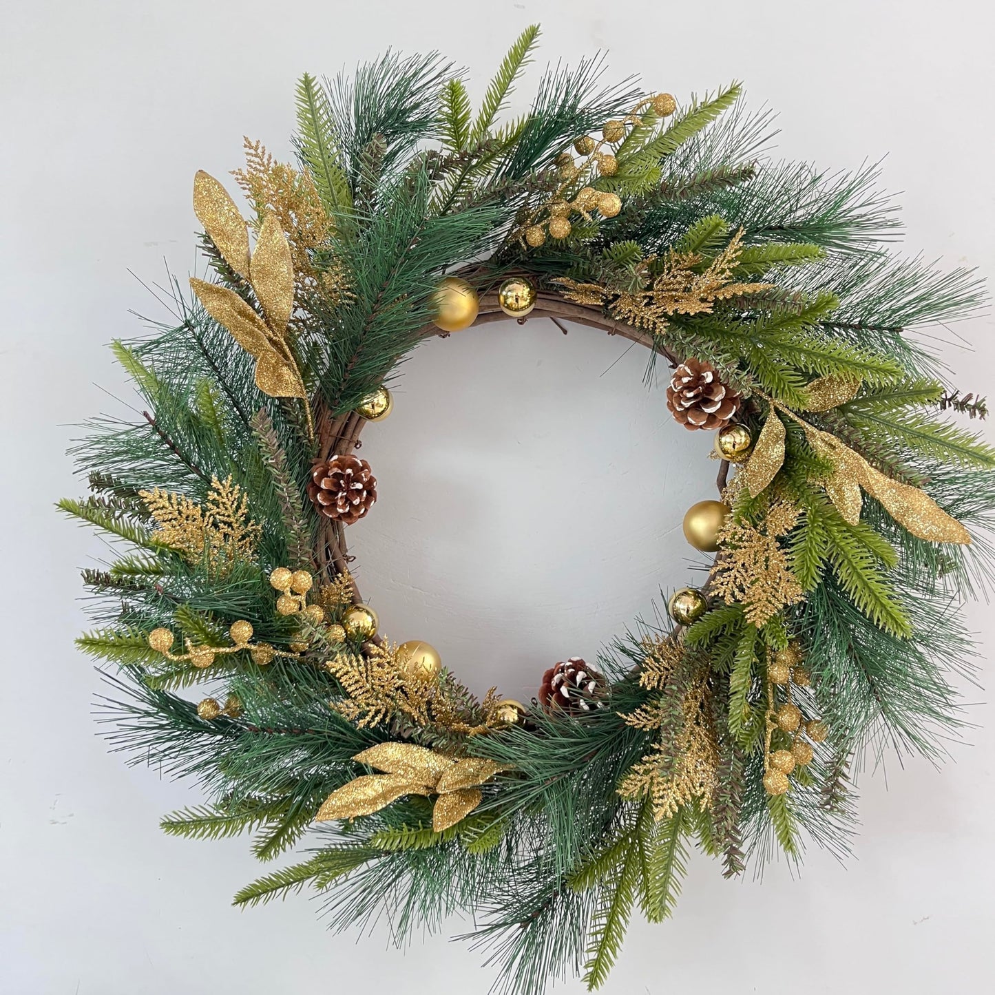 NeoL'artes 26inch Gold Wreath for Porch Front Door Mantle and Fireplace Wrapped Grapevine with Ornaments Snow Pinecones Winter Season Home Decor
