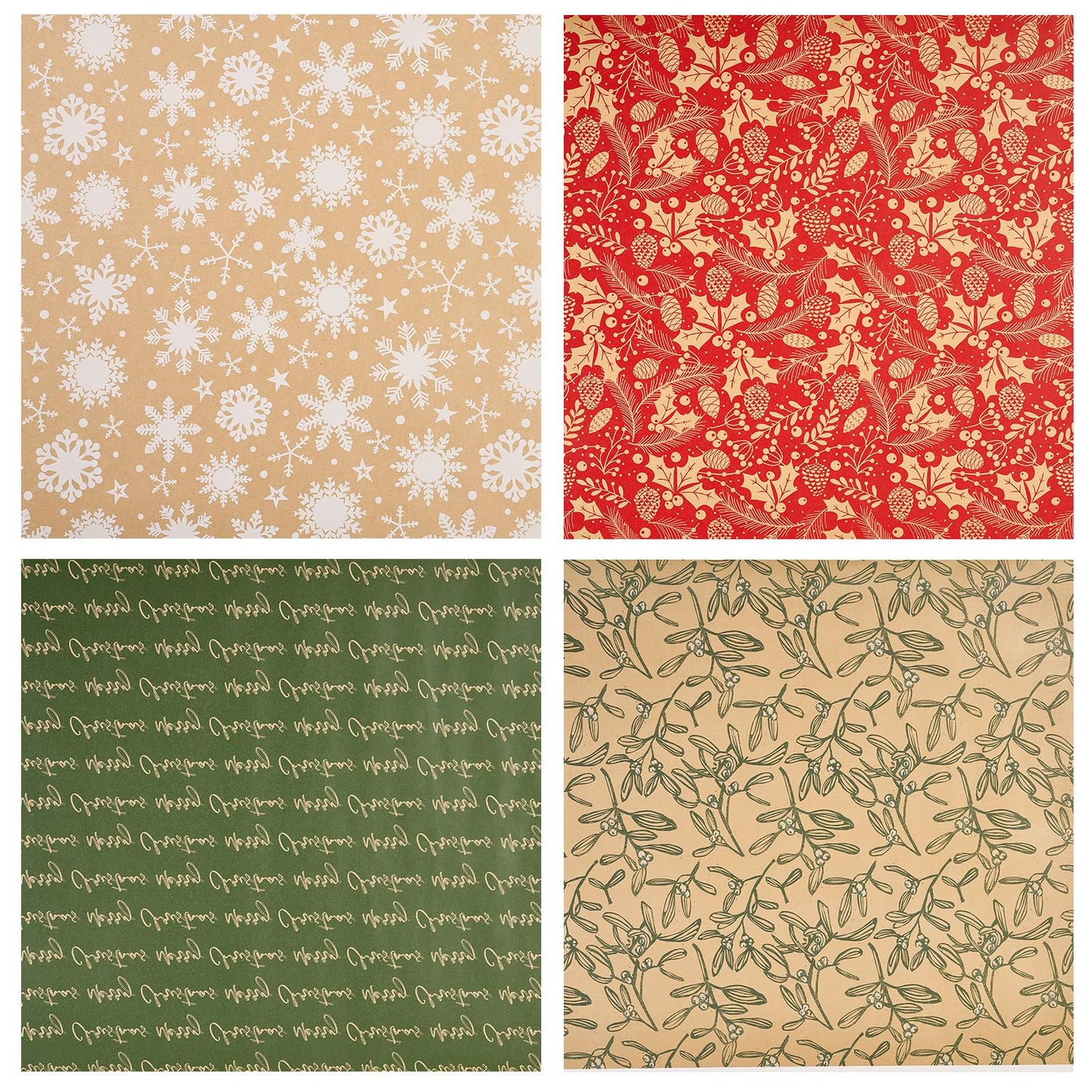 YANGTE Vintage Recyclable Christmas Wrapping Paper Rolls, Brown Kraft Wrapping Paper with Red and Green Pattern, Holiday Gift Wrapping Paper Christmas Rolls, 17x120 inch, 4 Rolls
