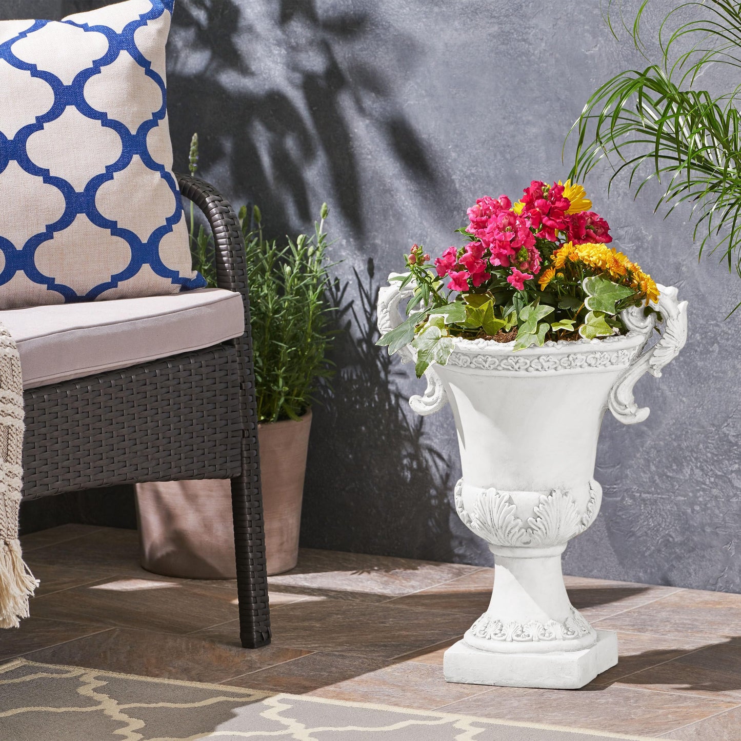 Garden Urn Planter – Roman Design, Faux-Stone Finish, Weather-Resistant for Indoor/Outdoor Use, Multi-Purpose Planter with Drainage Hole and Stopper