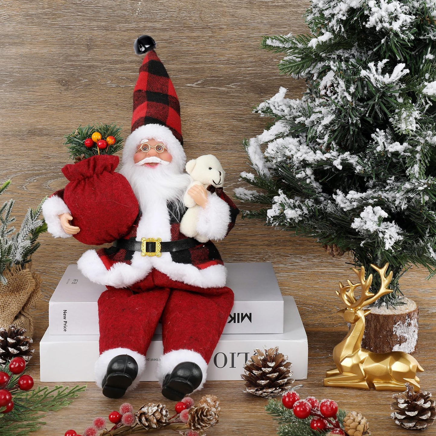 AnyDesign Christmas Sitting Santa Hand Crafted Cute Chic Santa Claus Figurines Doll with Gift Bag and Little Bear Christmas Decoration for Home Office Table Xmas Party Ornament Gift (12 Inch)