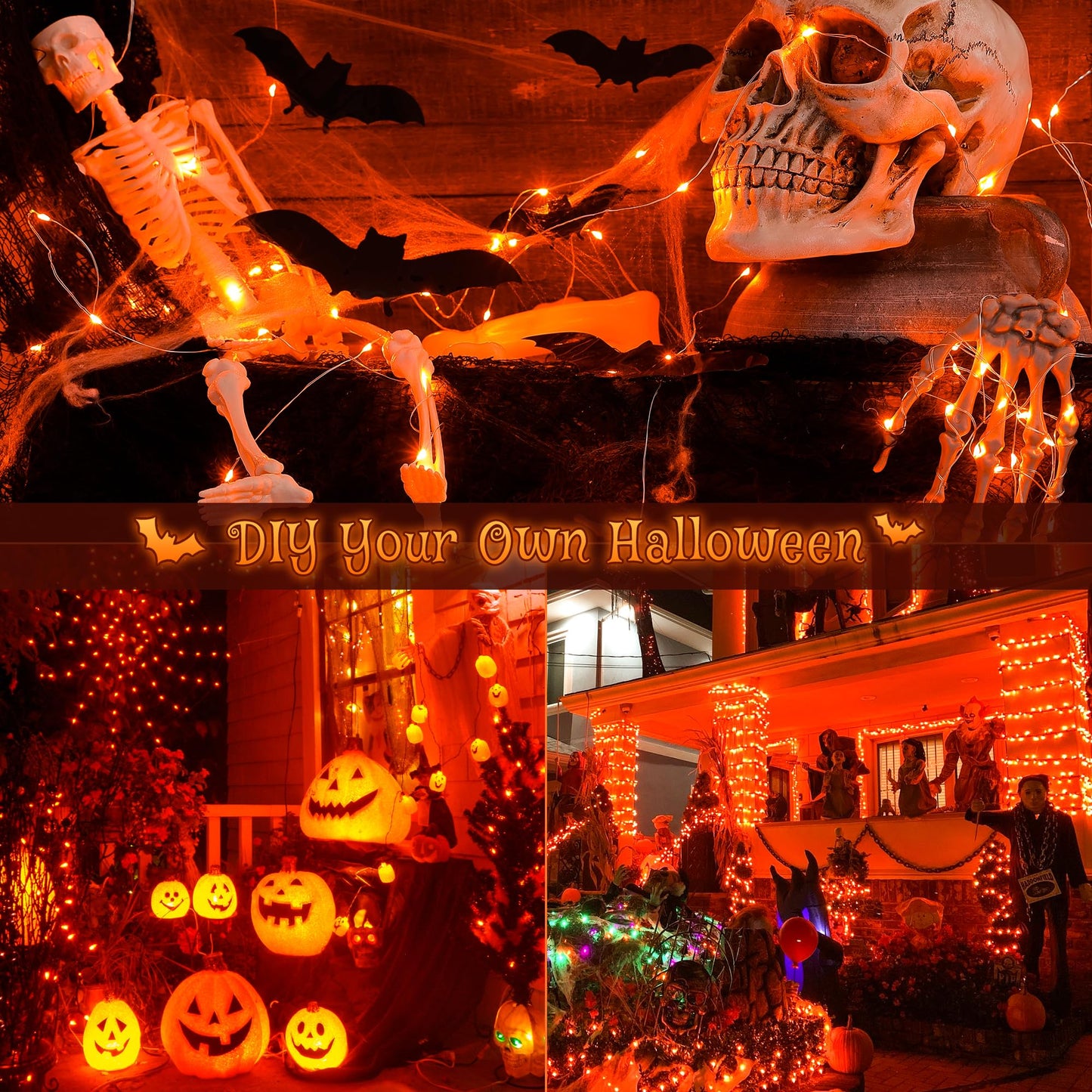 Ｗoohaha Solar Halloween Lights Outdoor,2 Pack Each 33Ft 100LED Orange Halloween Lights,Copper Wire Solar Powered Fairy String Lights 8 Modes for Garden,Tree,Thanksgiving,Christmas,Parties,Home Decor