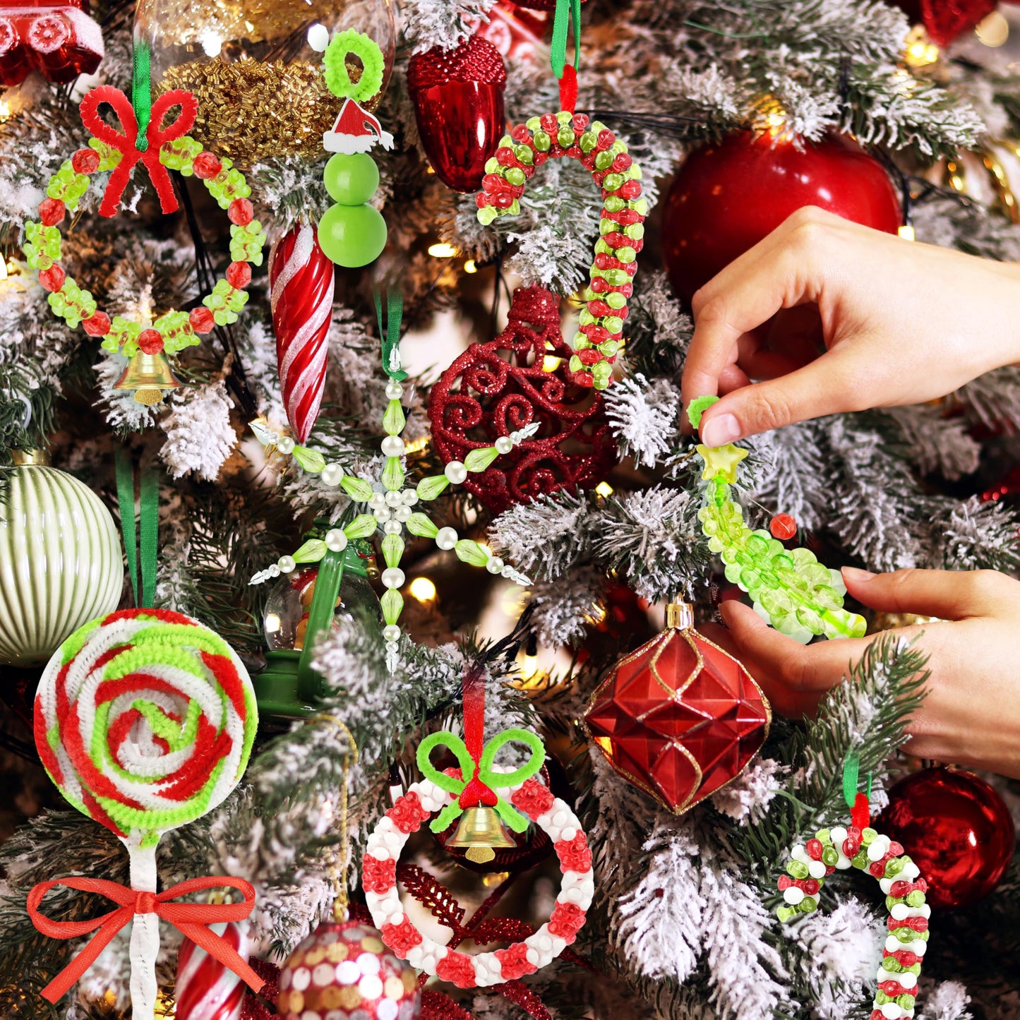 72 PCS Christmas Crafts DIY Beaded Ornaments Kits for Adults with 6 Styles - Green Monster, Tree, Wreath, Candy Cane, Lollipop, Snowflake for Winter Holiday Christmas Tree Decor