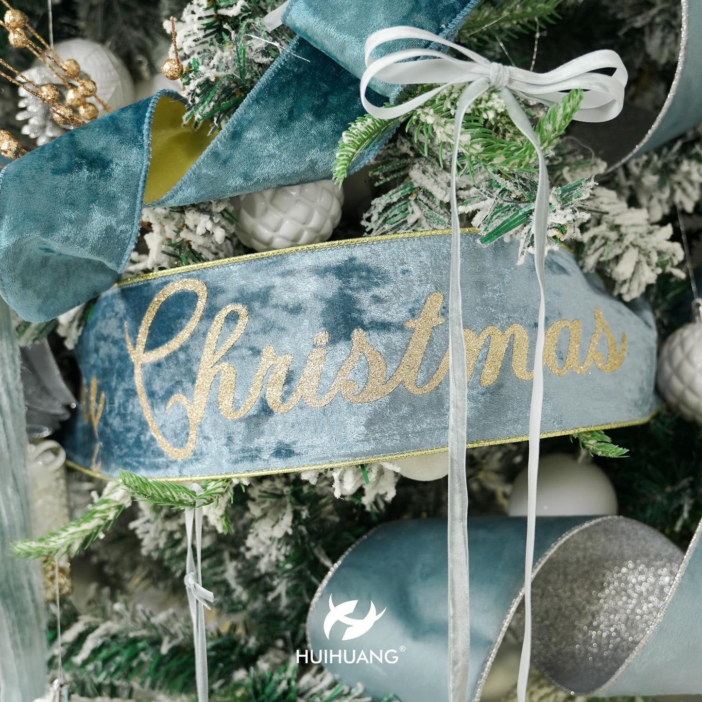 HUIHUANG Merry Christmas Ribbon 4 inch Dusty Blue Velvet Wired Ribbon with Glitter Gold Merry Christmas Ribbon for Christmas Trees, Tree Top Bows, Garlands, Staircases, Wreaths-10 Yards