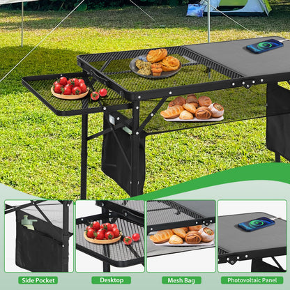 Nice C Camping Table, Ourdoor Folding Grill Table, Tailgate Tables, Solar Panel Tables with USB Type-C&DC Charging Cable, 42W Portable Solar Charger, 2 Side Shelves, with Mesh Net&Cup Holders