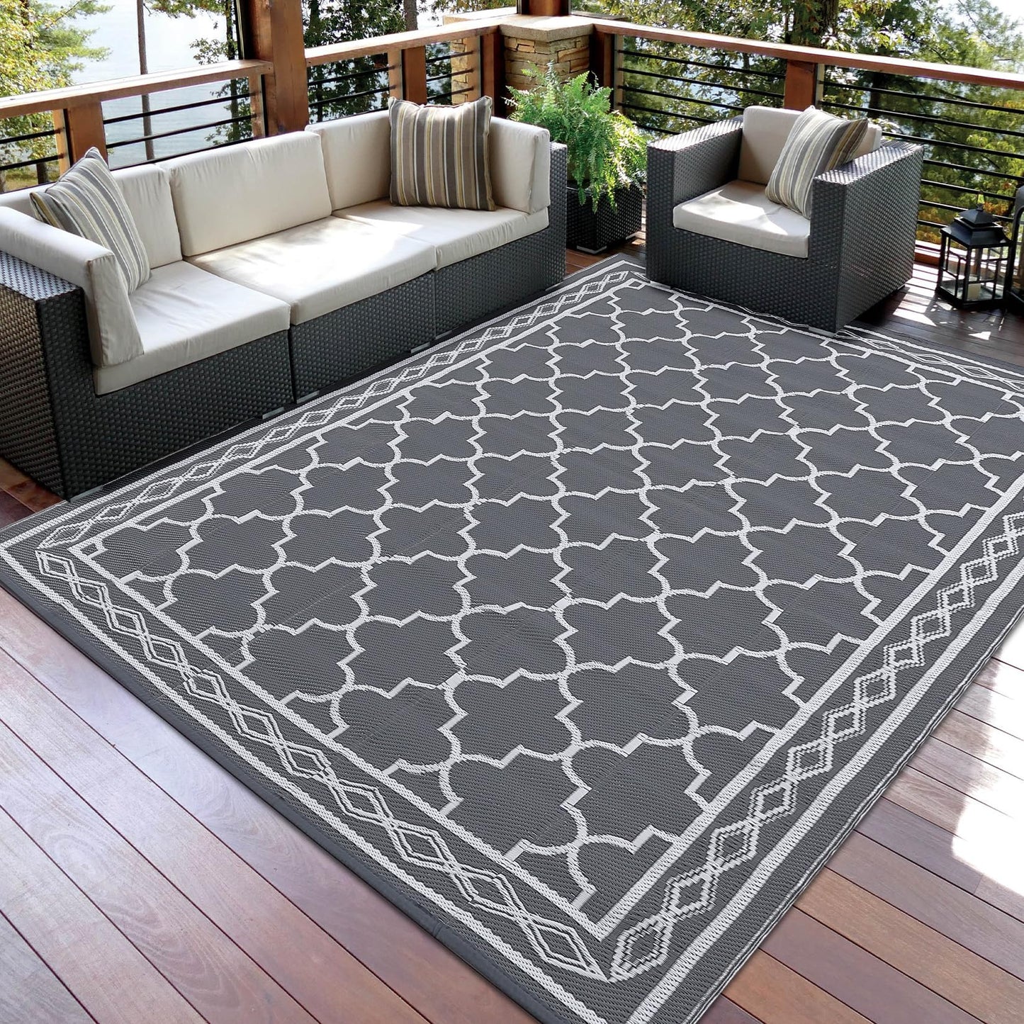 Garvee Outdoor Rug 10'x20' for Patios Clearance, Reversible Outdoor Plastic Straw Waterproof Camping Carpet, Large Area Rugs Patio Mats for Outside RV, Camper, Deck, Porch, Beach, Picnic (Grey/White)