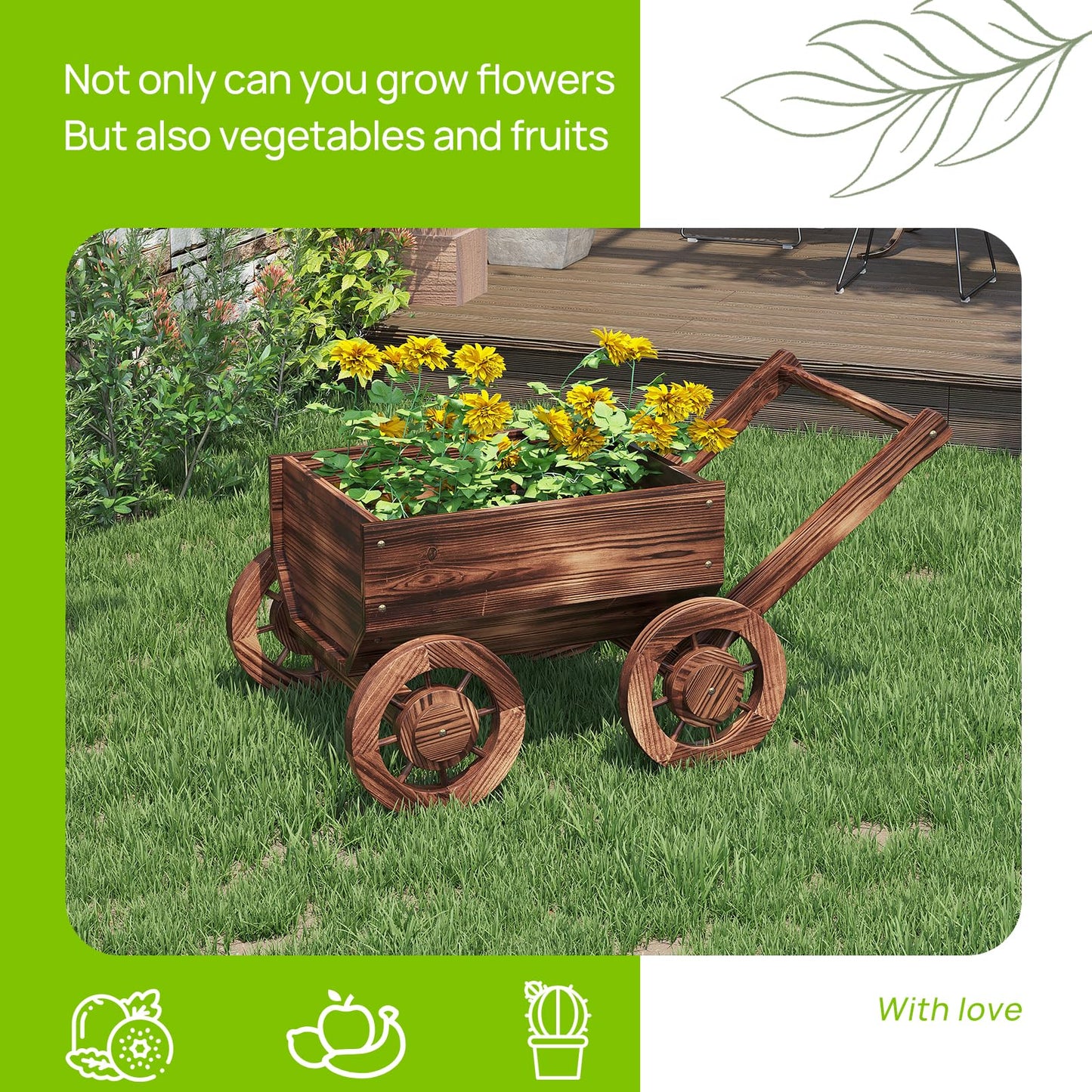 Wooden Flower Cart with Wheels Wooden Wagon Planter Outdoor Garden Planter Decor Planter Kit for Patio Balcony Trolley Decoration Succulent Flower Pot, Indoor Backyard Balcon Decor（Small）