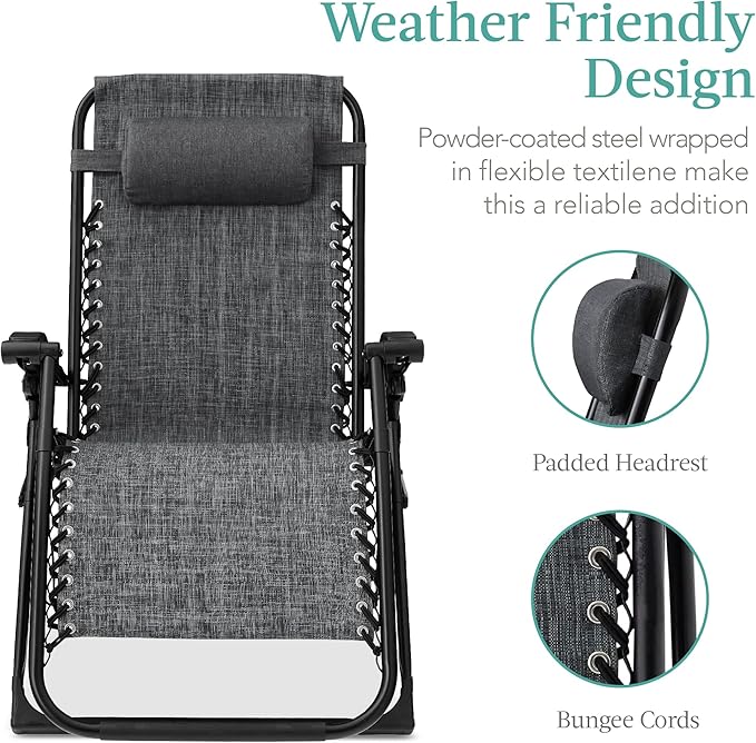 Best Choice Products Oversized Zero Gravity Chair, Folding Outdoor Patio Recliner, XL Anti Gravity Lounger w/Removable Cushion, Cup Holder, Side Tray, 350lb Capacity - Fossil Gray