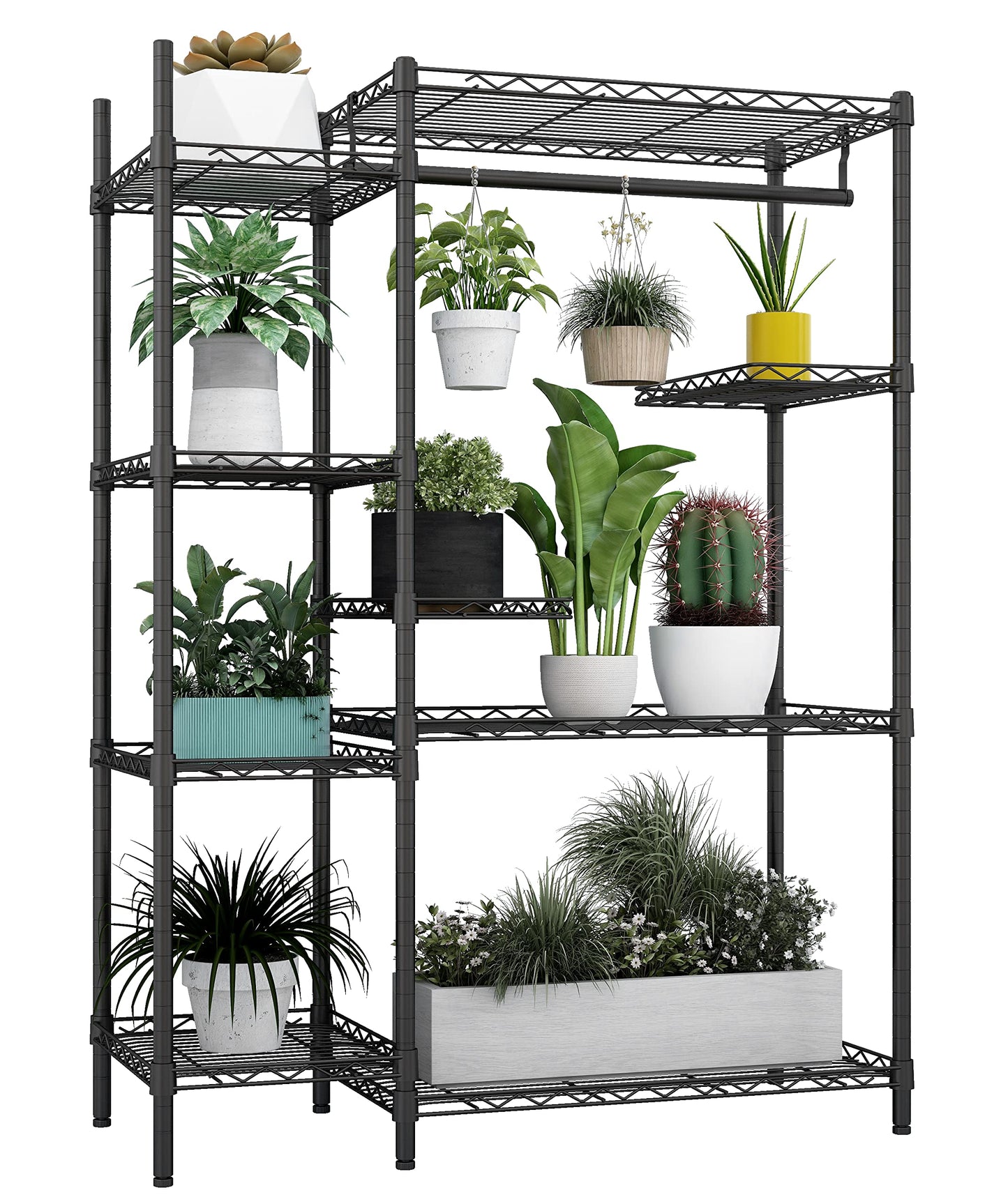 Xiofio Plant Stands for for Indoor Outdoor, Heavy Duty Metal Plant Stand,large Plant Shelf,Adjustable Plant Shelves With Hanging Rod for Living Room,Balcony,Garden,Black