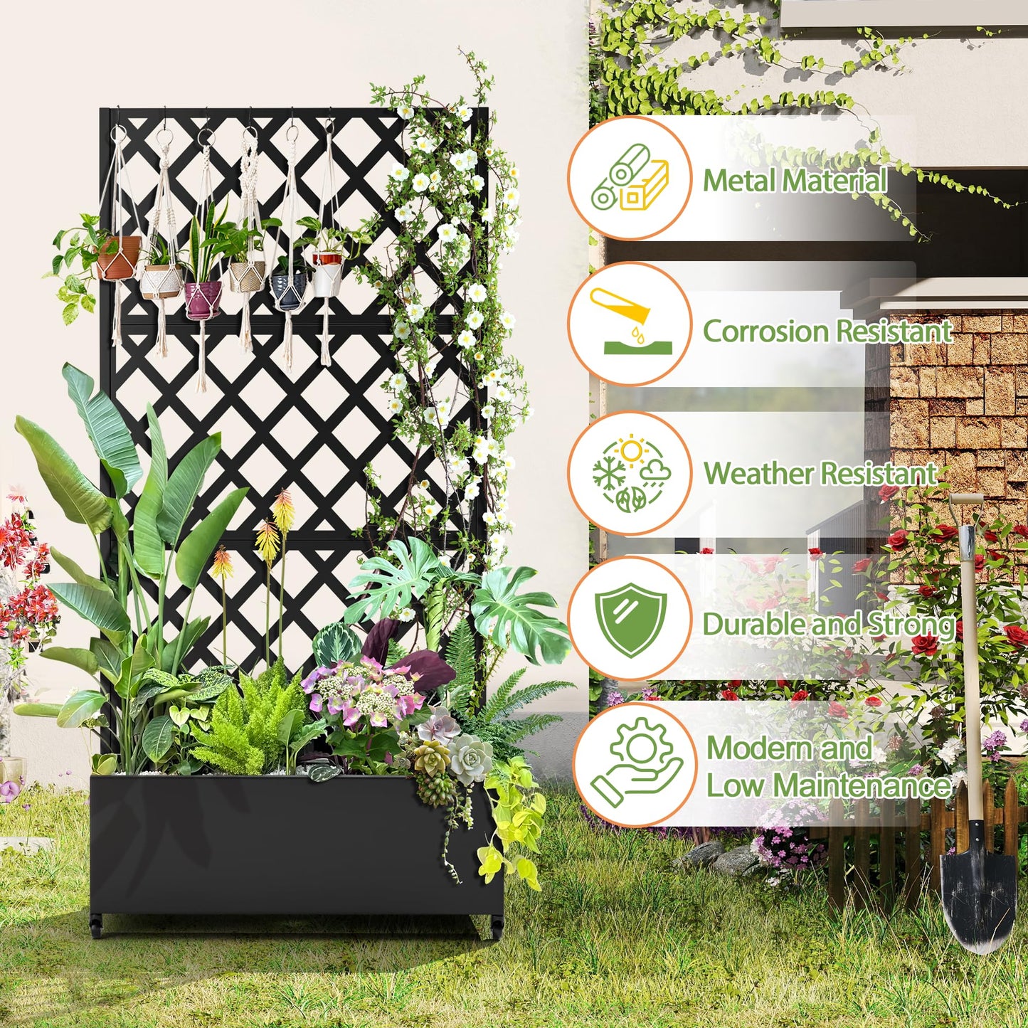 YESUNEED Metal Planter Trellis Box with Wheels & Drain Plug Outdoor Raised Garden Bed Patio Privacy Screen with Planter for Climbing Plants, Vegetables 73"x35"x16" Black-Diamond