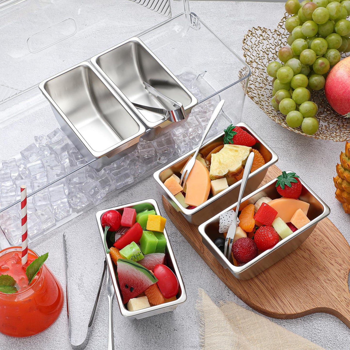 Large Ice Chilled Condiment Server Caddy with 5 Stainless Steel Removable Compartments, Clear Plastic Garnish Tray with Lid, 5 Forks and 2 Tongs, Fruit, Salad, Taco, Bar Platter for Party Bar Supplies