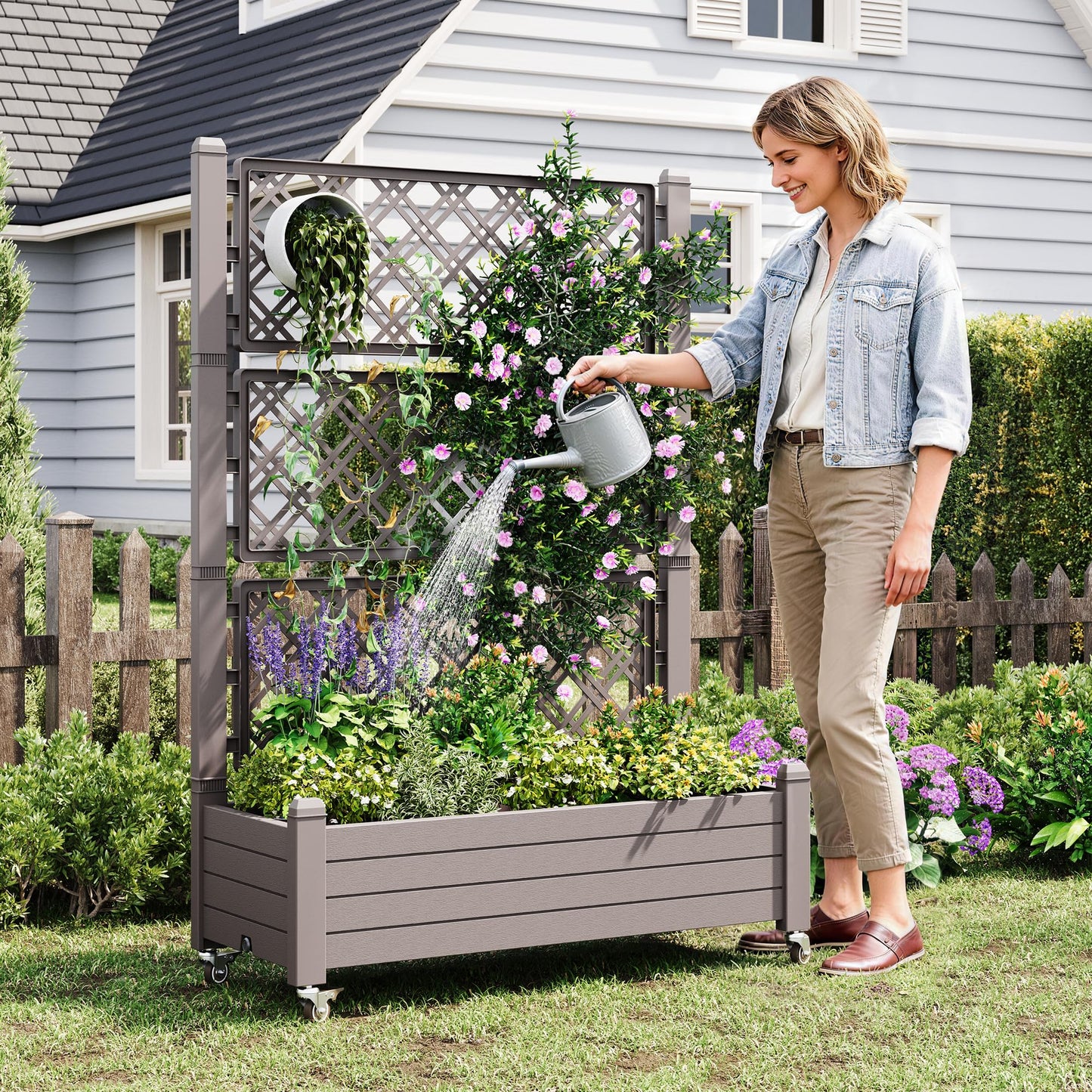 WTFGO Resin Raised Garden Bed with Trellis and Wheels - Plasitc Planter Box with Trellis Outdoor with Drainage Holes & Water Monitor for Climbing Plants, Flower, Gray(61.2" H)