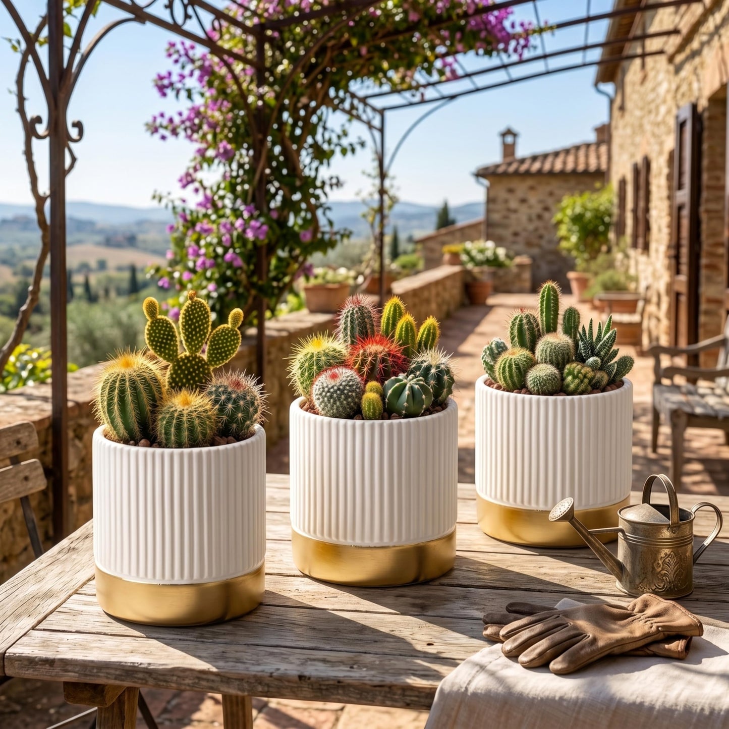 Ten-stone Set of 3 Cement Planter Pots with Drainage Hole,4 inch Plant Pots for Plants Indoor Houseplants,Succulent Pots Windowsil Planter (White&Gold)