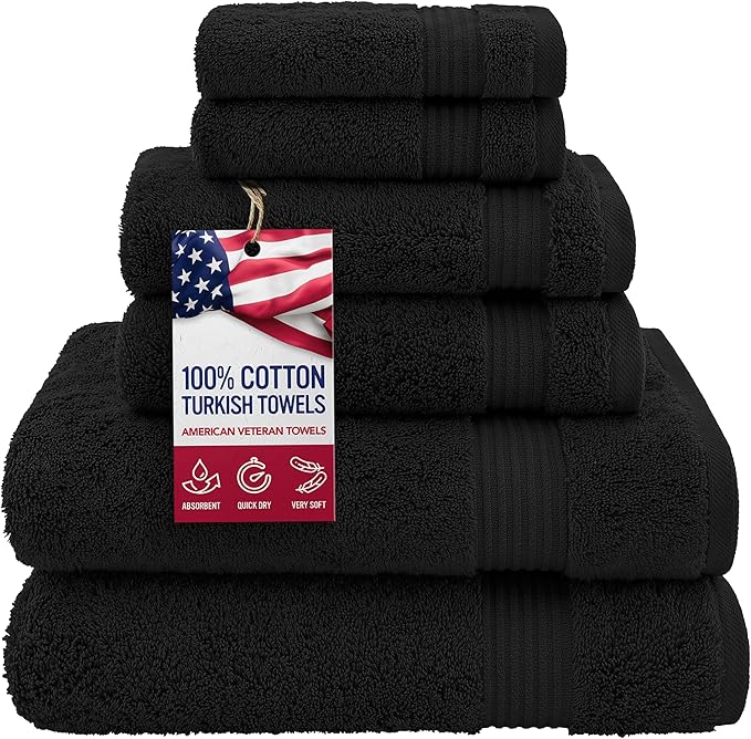 American Veteran Towel, 100% Cotton Turkish 6 Piece Towel Set, Luxury Towels