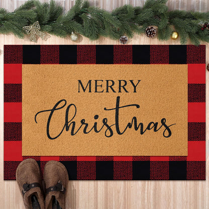 Duraaamo 2 Pcs Christmas Doormat Merry Christ Non Slip Outdoor Rug Xmas Welcome Layered Buffalo Floor Mats for Front Porch Entryway(Red Black,Plaid)